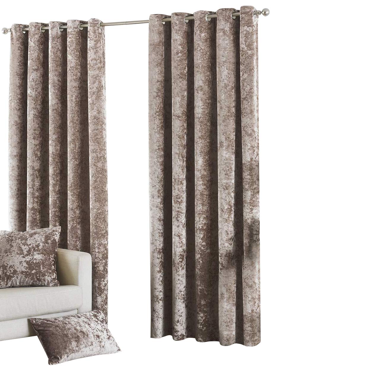 Riva Paoletti Verona Ringtop Eyelet Curtains (Pair) - Oyster Beige - Velvet Feel - Crushed Velvet Look 100% Polyester - 168cm width x 137cm drop (66" x 54" inches) - Designed in the UK
