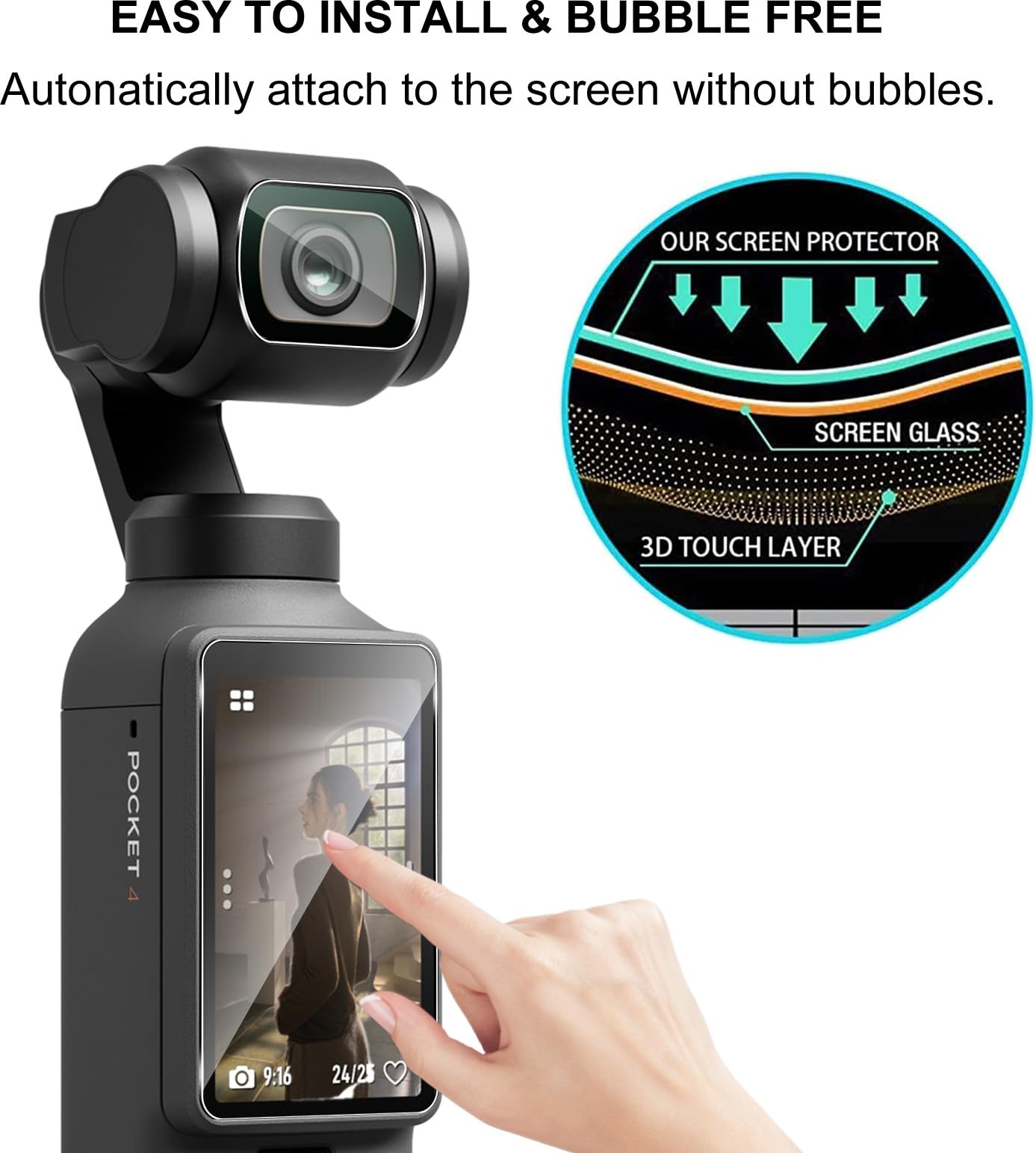 Lutree per DJI Osmo Pocket 4 Vetro Temperato, 2+2 Pezzi Pellicola Protettiva+ Pellicola Fotocamera, Durezza 9H Anti-Graffio HD Senza Bolle Protezione Schermo