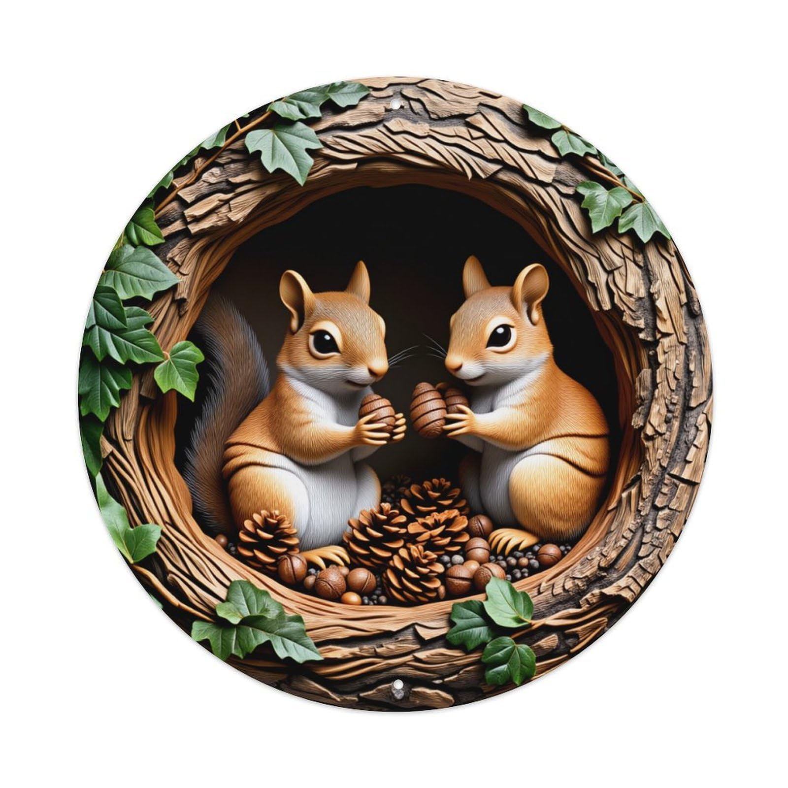 Squirrel Pair Nest Pinecones Acorns Leaves Wood Art Round Vintage Tin Sign,Retro Wall Art,Metal Poster for Home, Bar, Garage, Cafe, Rustic Indoor & Outdoor Decor, 8x8 Inches