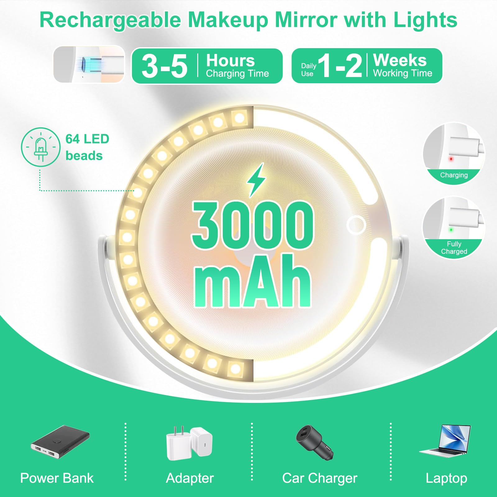 Make-up-Spiegel mit 20-facher, 1-facher Vergrößerung, doppelseitiger Kosmetikspiegel mit 3 Farben einstellbar, um 360° drehbar, höhenverstellbar, wiederaufladbar, Handyhalterung und Tablett