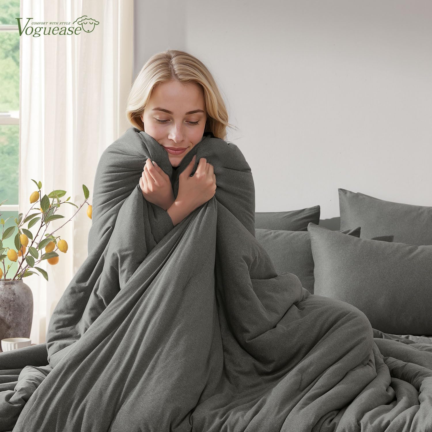 Queen Comforter Set, Comforters Queen-Size Luxury Ultra-Soft Jersey Knit Bedding Sets, Dark Grey Lightweight Down Alternative Bed Comforter Queen for All Season, 3 Piece