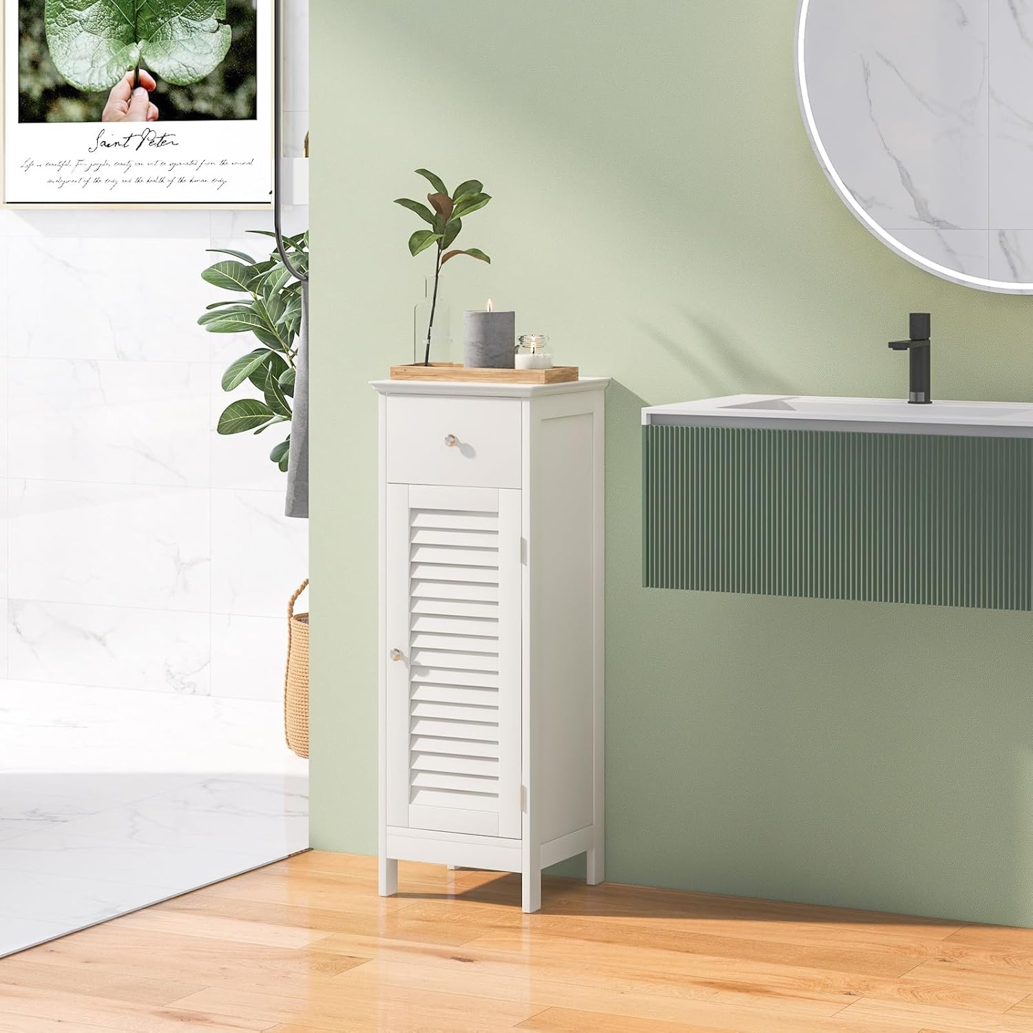 Slim Bathroom Storage Cabinet, Wooden Floor Narrow Cabinet with Drawer & Shutter Door, Adjustable Shelf & Anti-toppling Fittings, Small Cabinet for Home Office, (White)