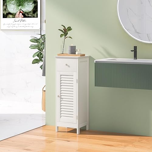 Miniatura 4 de Tangkula Armario de almacenamiento delgado para baño, gabinete estrecho de piso de madera con cajón y puerta de obturador, estante ajustable y