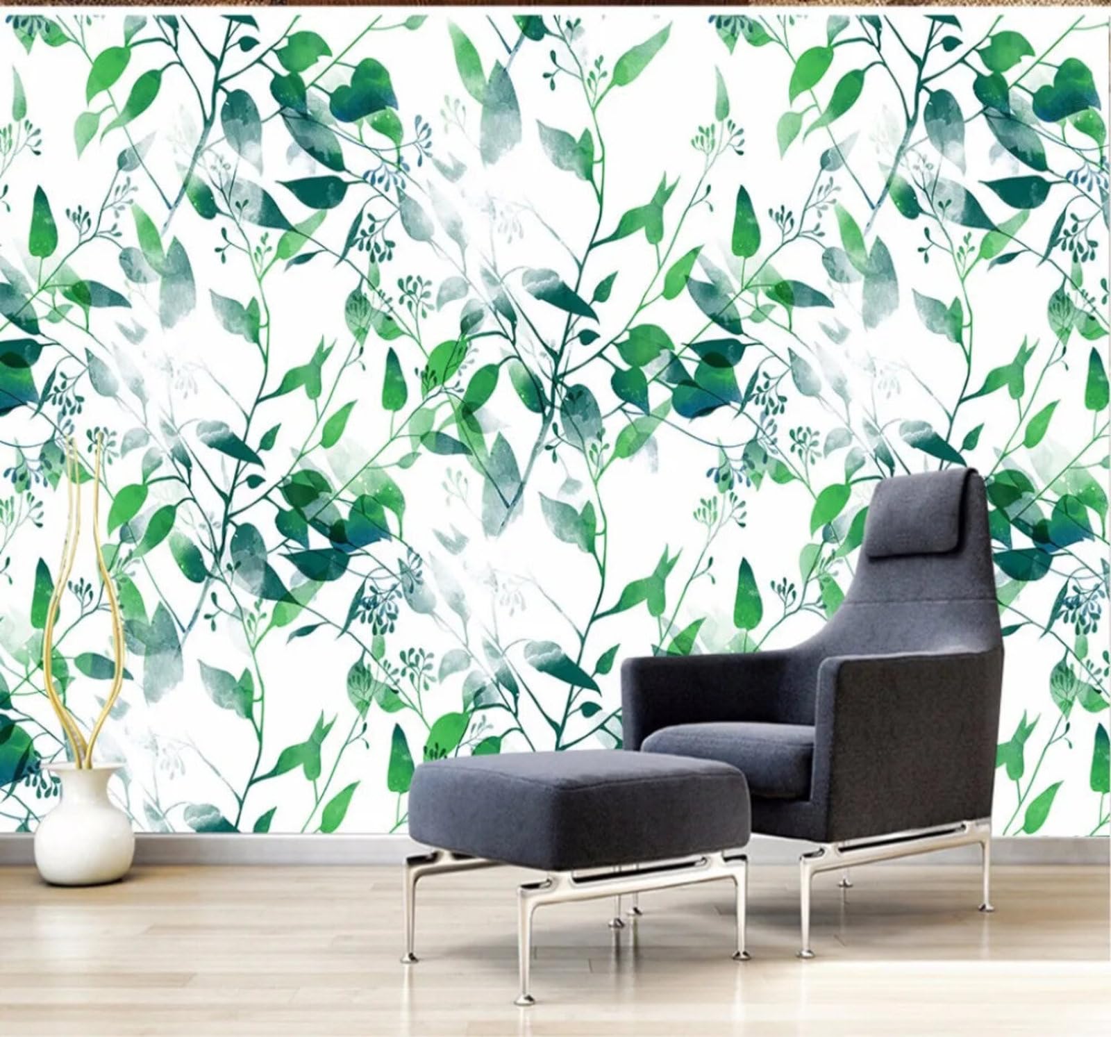 Wallpaper-3D-Xlm 400Cm×280Cm(B×H) Fresh Green Leaves Pattern Hand Drawn 3D Wallpaper Easy Install Feature Office Living Room Sofa Bedroom Tv Background Wall Decoration-400Cm×280Cm