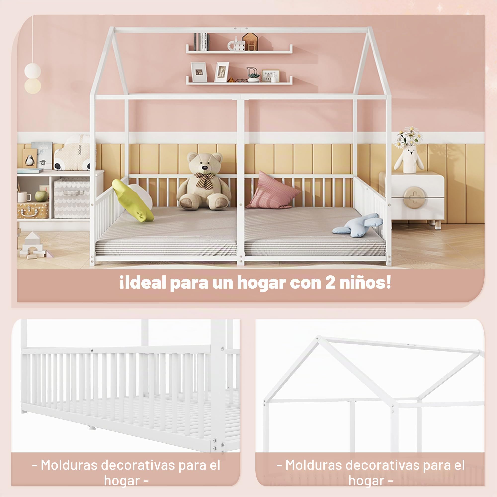 Cama infantil de suelo 90 x 200 cm para 2 niños, cama de metal, cama de casa para niños con barandilla, diseño doble, sin colchón, marco de hierro, color blanco