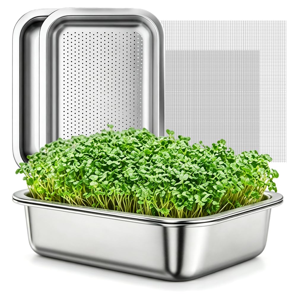 Lot de 2 Germoirs en Acier Inoxydable 26 x 19 cm, Plateau de Germination 2 en 1 pour Graines et Microgreens, Bac à Germes Réutilisable Passe au Lave-Vaisselle, Culture Facile à Domicile