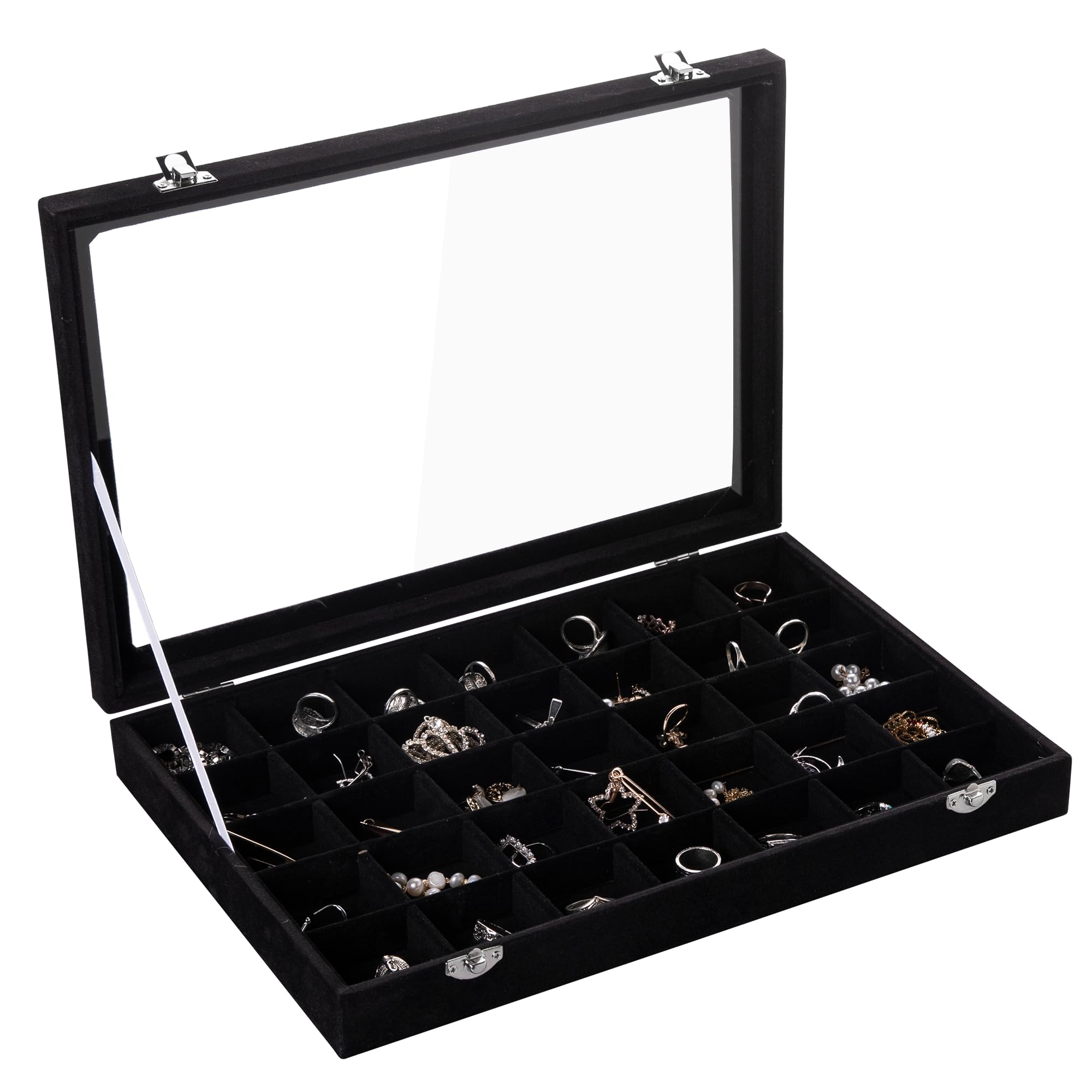 Frebeauty Samt Schmucktablett 35 Gitter Schmuck Organizer mit durchsichtigem Deckel Ohrring Organizer Halter Etui mit Verschluss Schubladeneinsatz für Ringe Ohrstecker Geschenk (Schwarz 35 Gitter)