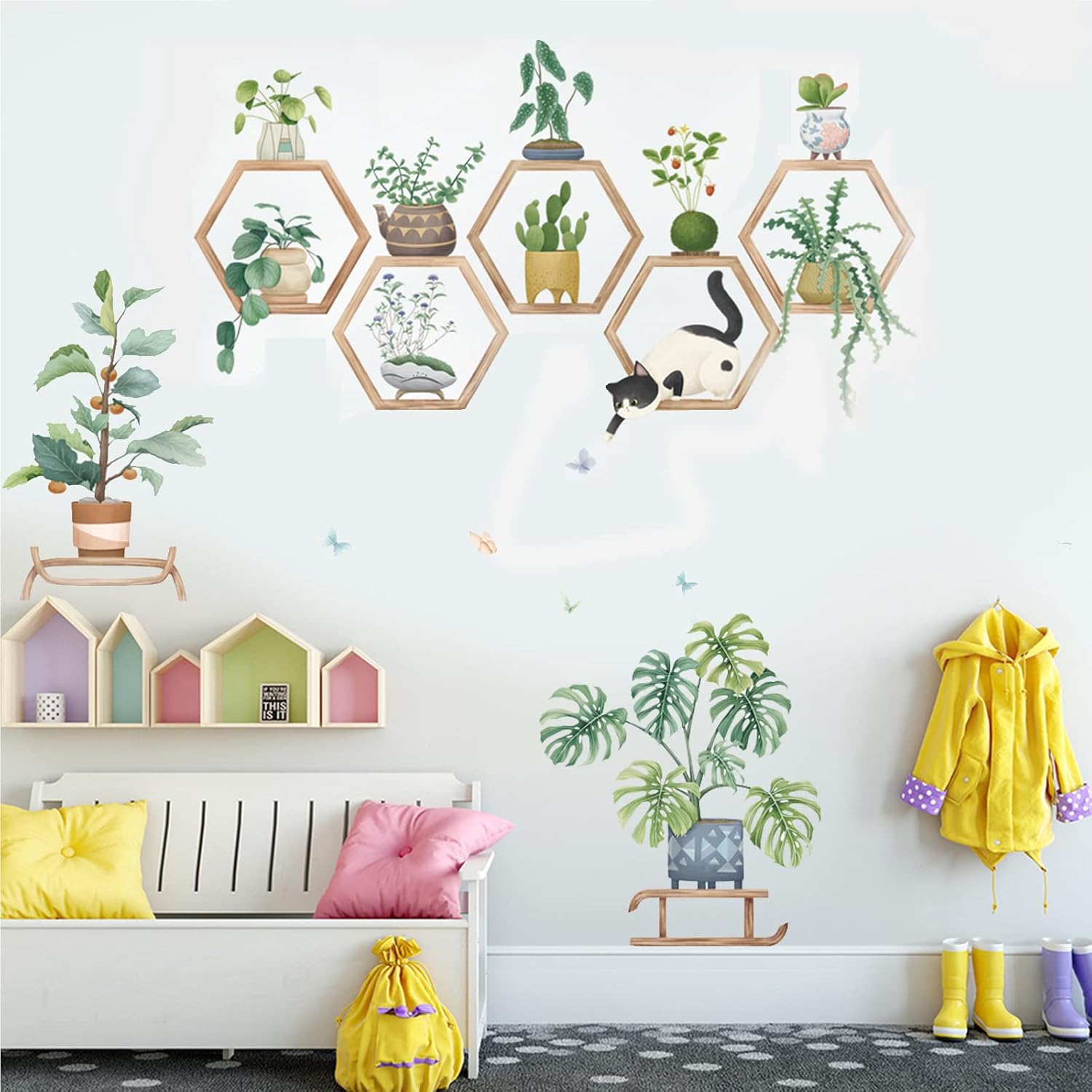 OCXEQJX Tropical Green Pot Plants Leaves Wall Decals Cactus