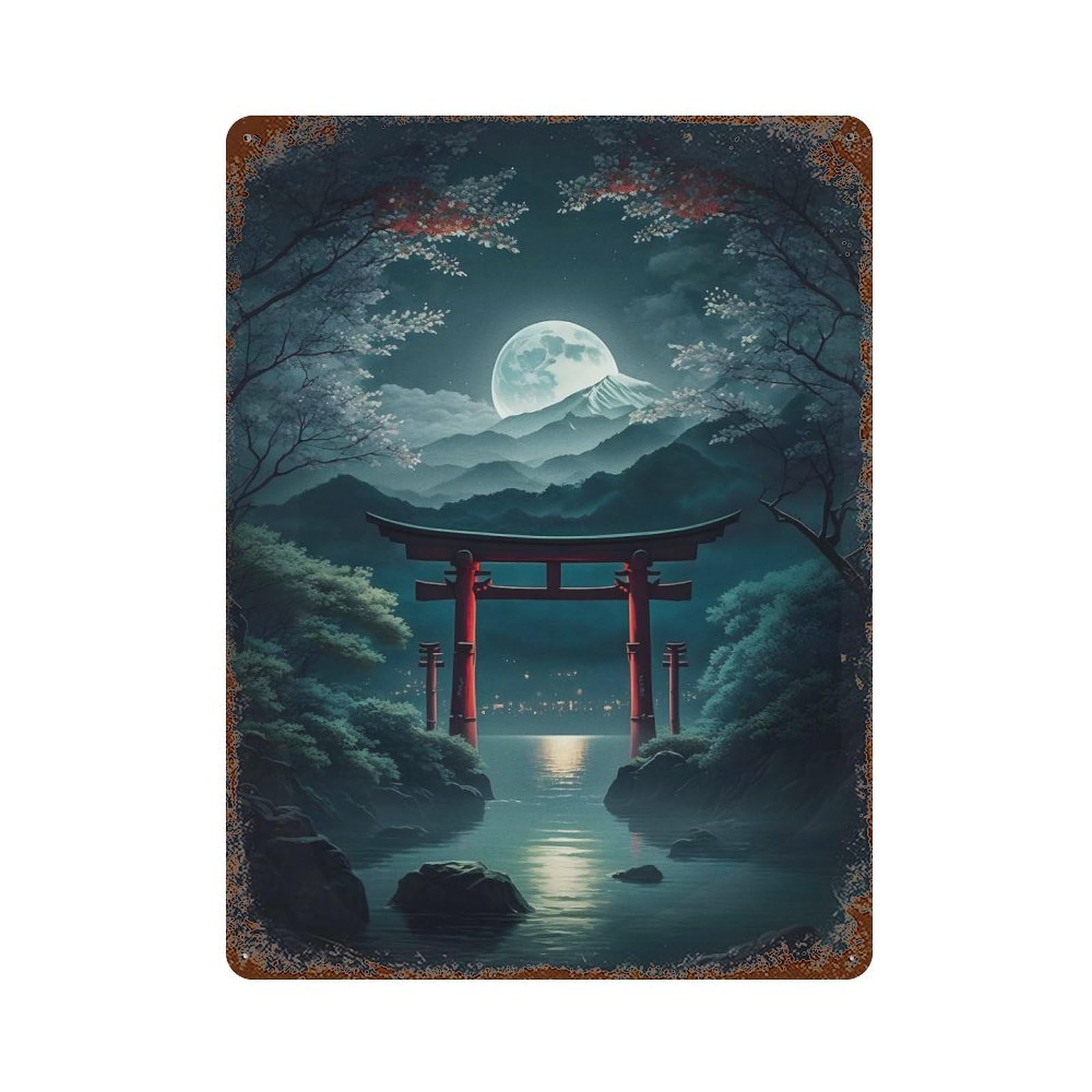Garage Style Moonlight In Torii Gate Gr Distressed Metal Wall Sign 15.7"x11.8", Decorative Metal Wall Art for Bar And Workshop