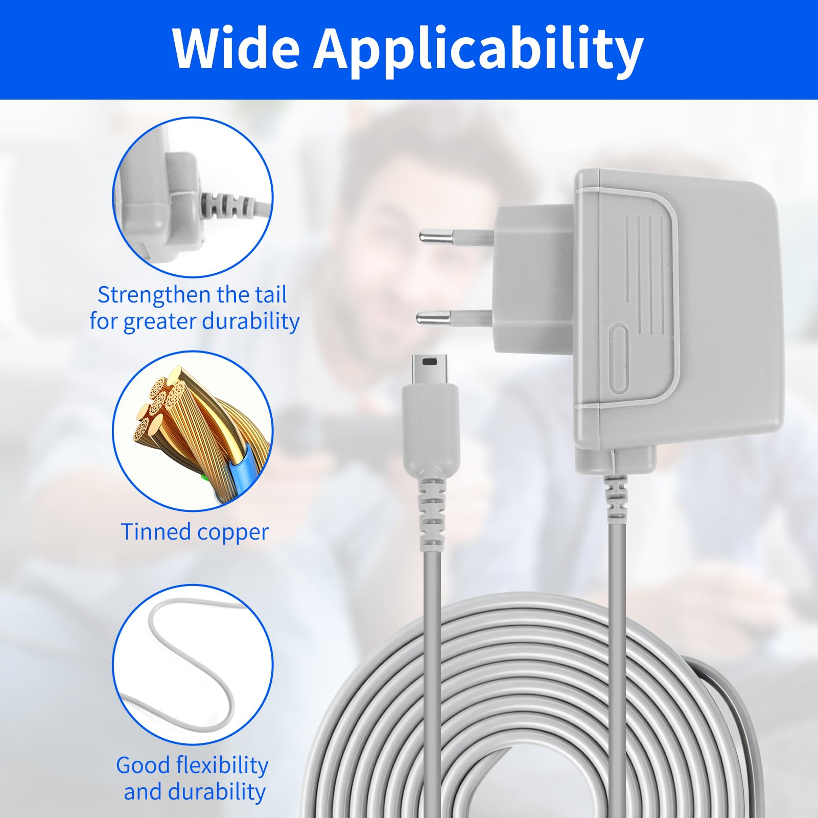 Chargeur pour DS Lite, Alimentation de Remplacement Compatible avec DS Lite/NDSL (Pas pour DS), Adaptateur Secteur AC 100–240V, 1,12M Gris - 4