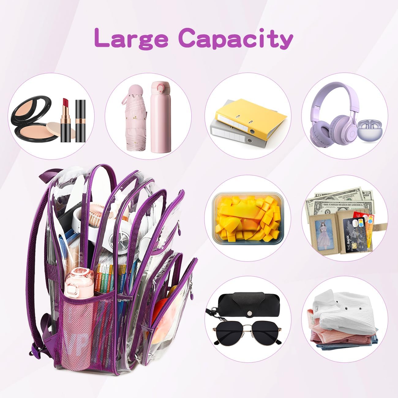 Cusangel Clear TPU XL Backpack for Girls Women,18" See Through Heavy Duty Bookbag,warehouses, school and other security check locations(Purple) - Image 5