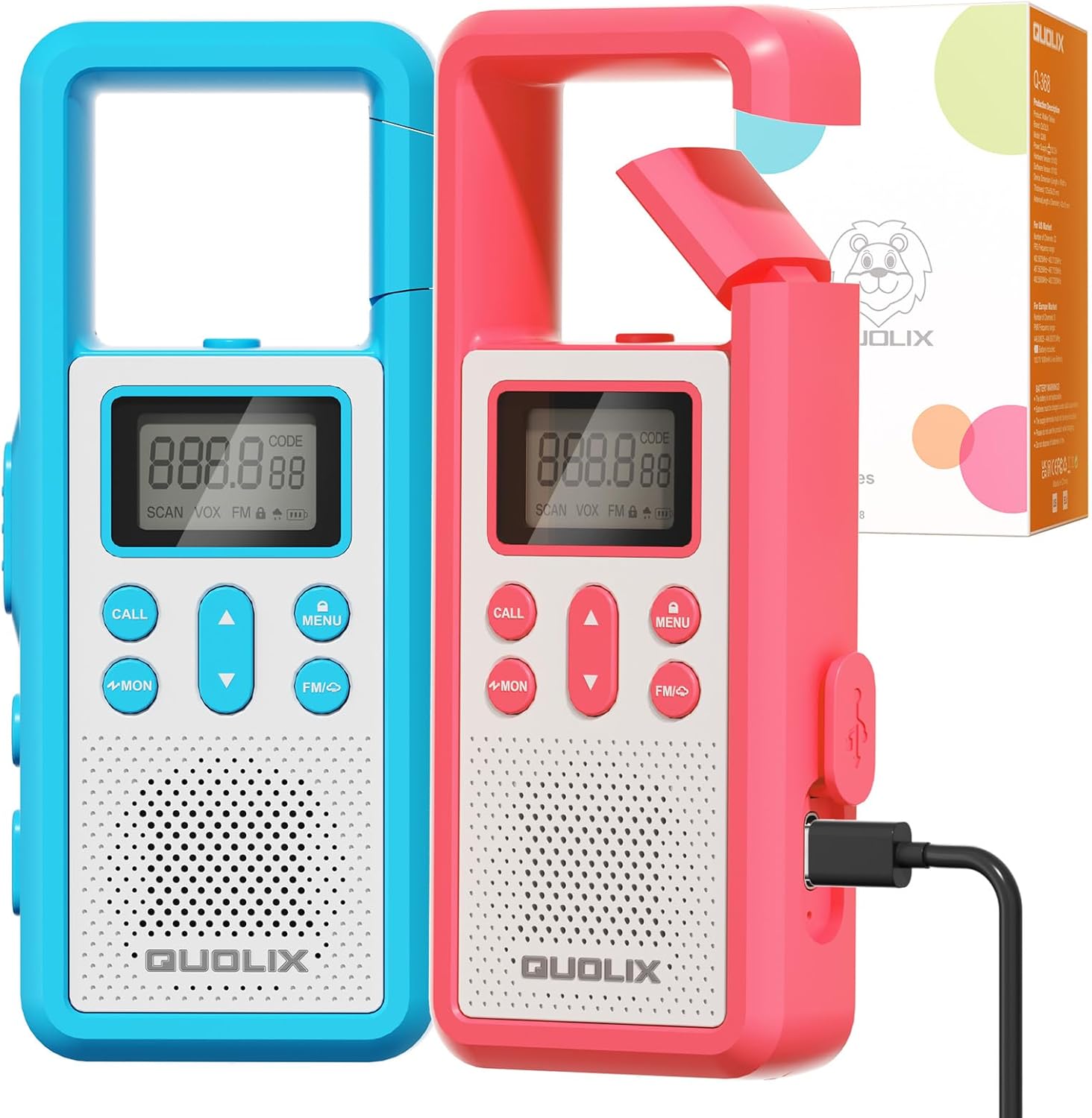 Pink and Blue 2 Pack QUOLIX Walkie Talkies for Kids Rechargeable, Kids Walkie Talkies with NOAA & VOX, 1020mAh Battery Toys for 3-12 Year Old Boys Girls, Durable Outdoor Gift for Camping, Hiking, Backyard Games (2 Pack)