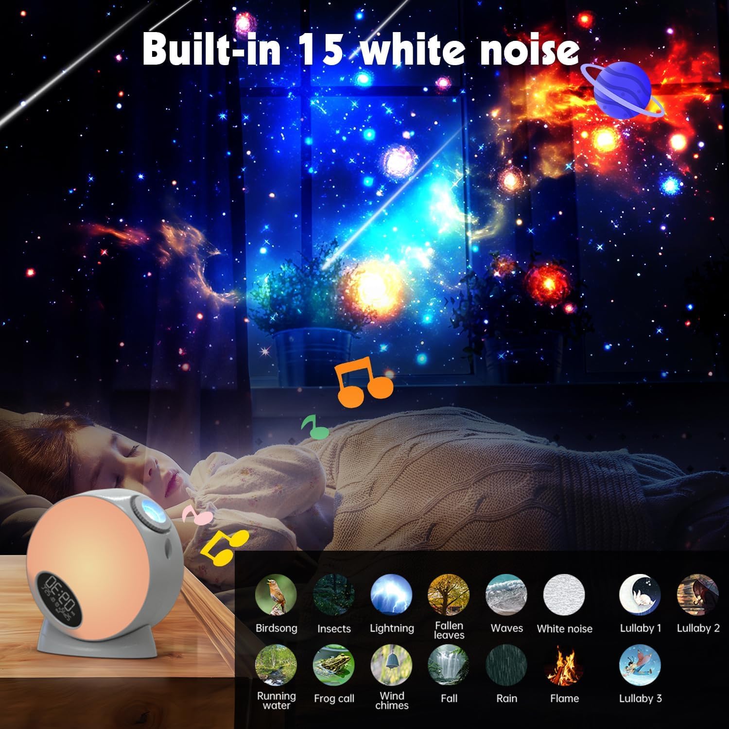 Galaxy-Projektor, 13-in-1 HD-Planetarium-Sternprojektor für Schlafzimmer, Sternprojektor, Galaxie-Licht mit Bluetooth-Lautsprecher und weißem Rauschen, Fernbedienung/Auto-Off-Timer