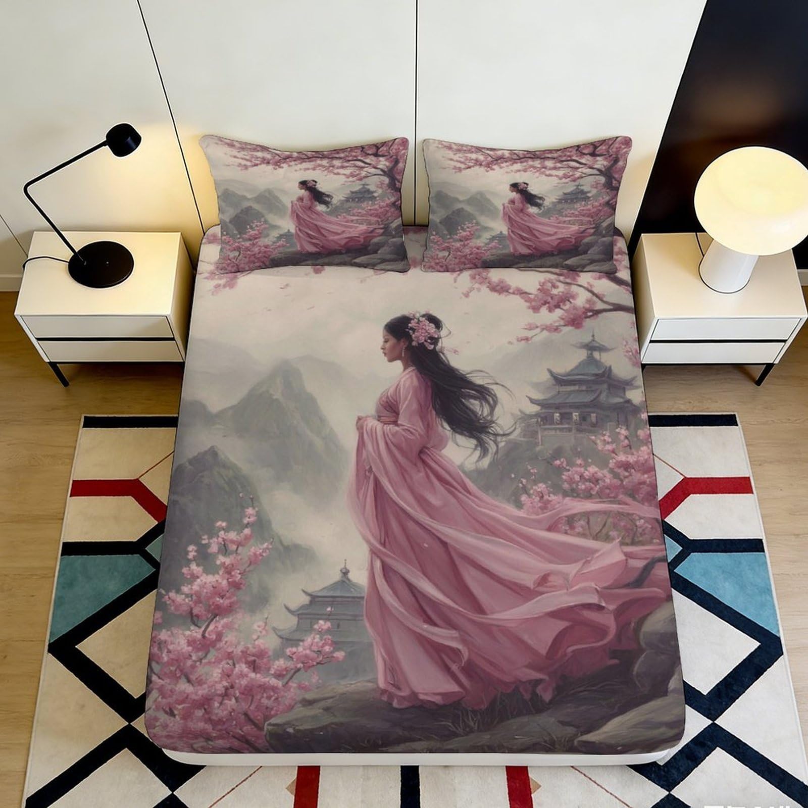 3D Printed Oriental Princess Scenery Fitted Sheet Microfiber Soft Pink Sakura Bed Cover for Bedroom Decor 90x200x25cm