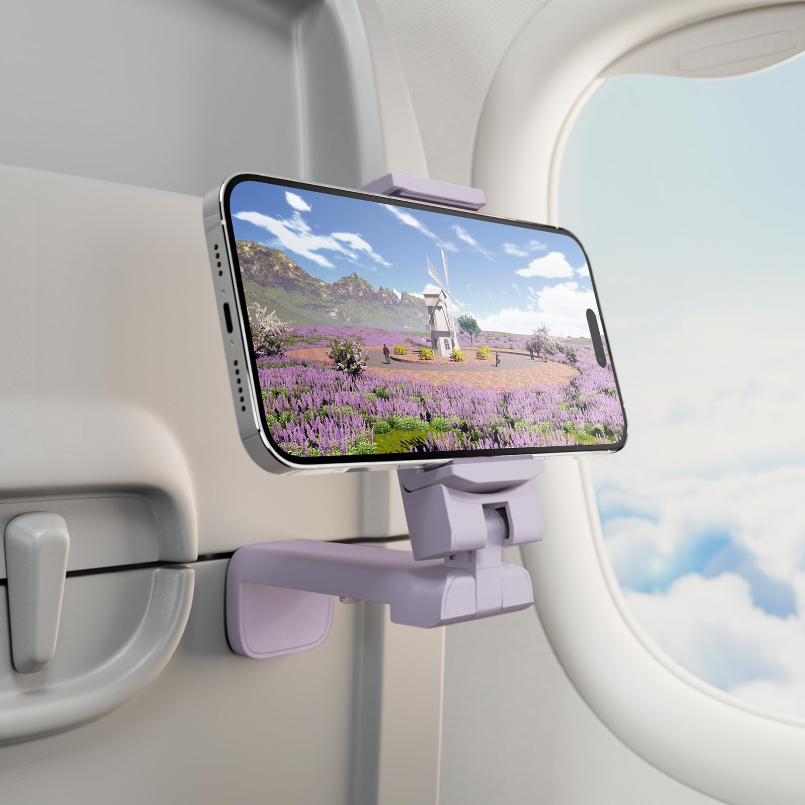 Airplane Travel Essentials Phone Holder, Klearlook Universal Flight Essentials Phone Mount with Multi-Directional 360° Rotation, Travel Must Haves Handsfree Gadgets for Flying, Table or Outdoor-LilacClimatePartner certified