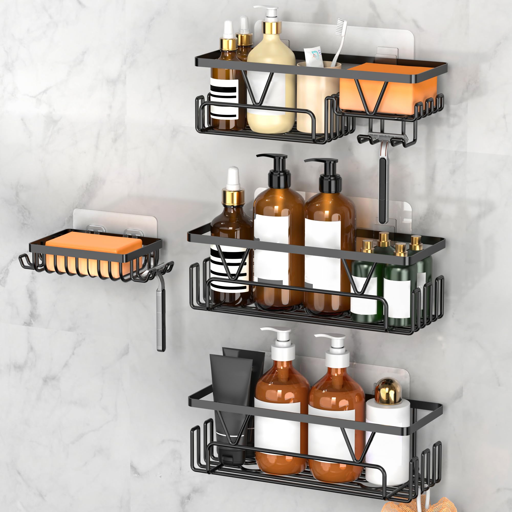 Kegii Shower Caddy with Soap Holder - Stick on Shower Organiser Stainless Steel No Drilling Self Adhesive Bathroom Shelf (4 Pieces, Black)