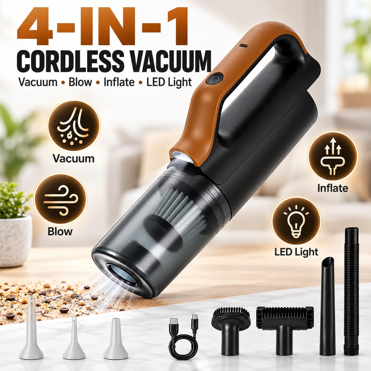 Aspiradoras de Mano 4 en 1, Aspiradora Inalámbrica para Coche con Luz LED