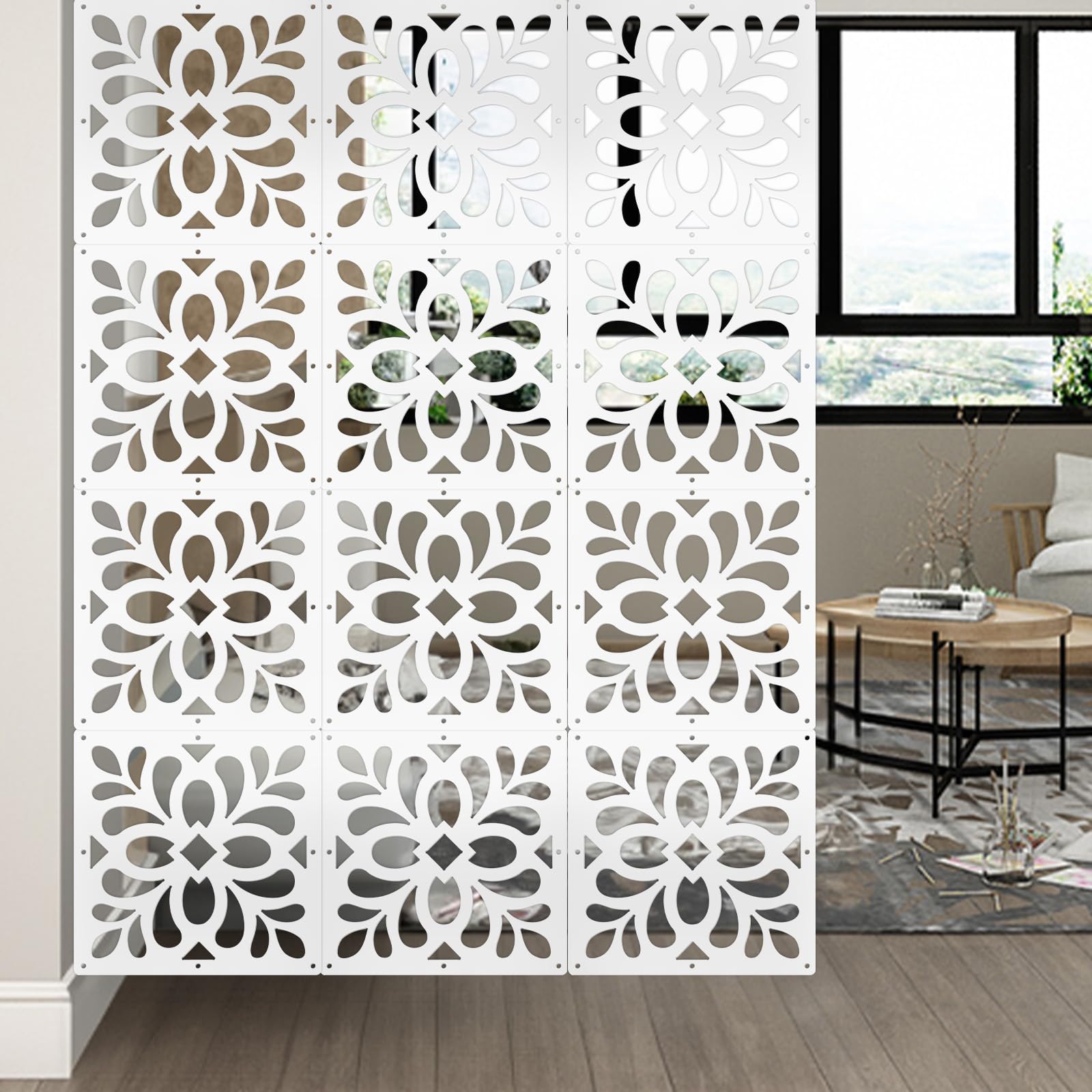 Boshen 12PCS Hanging Room Divider Wall Screen Panel Room Divider Panels Privacy Screen Divider Home Decor for Living Room Bedroom Home Office Restaurant Decor-White Leaves