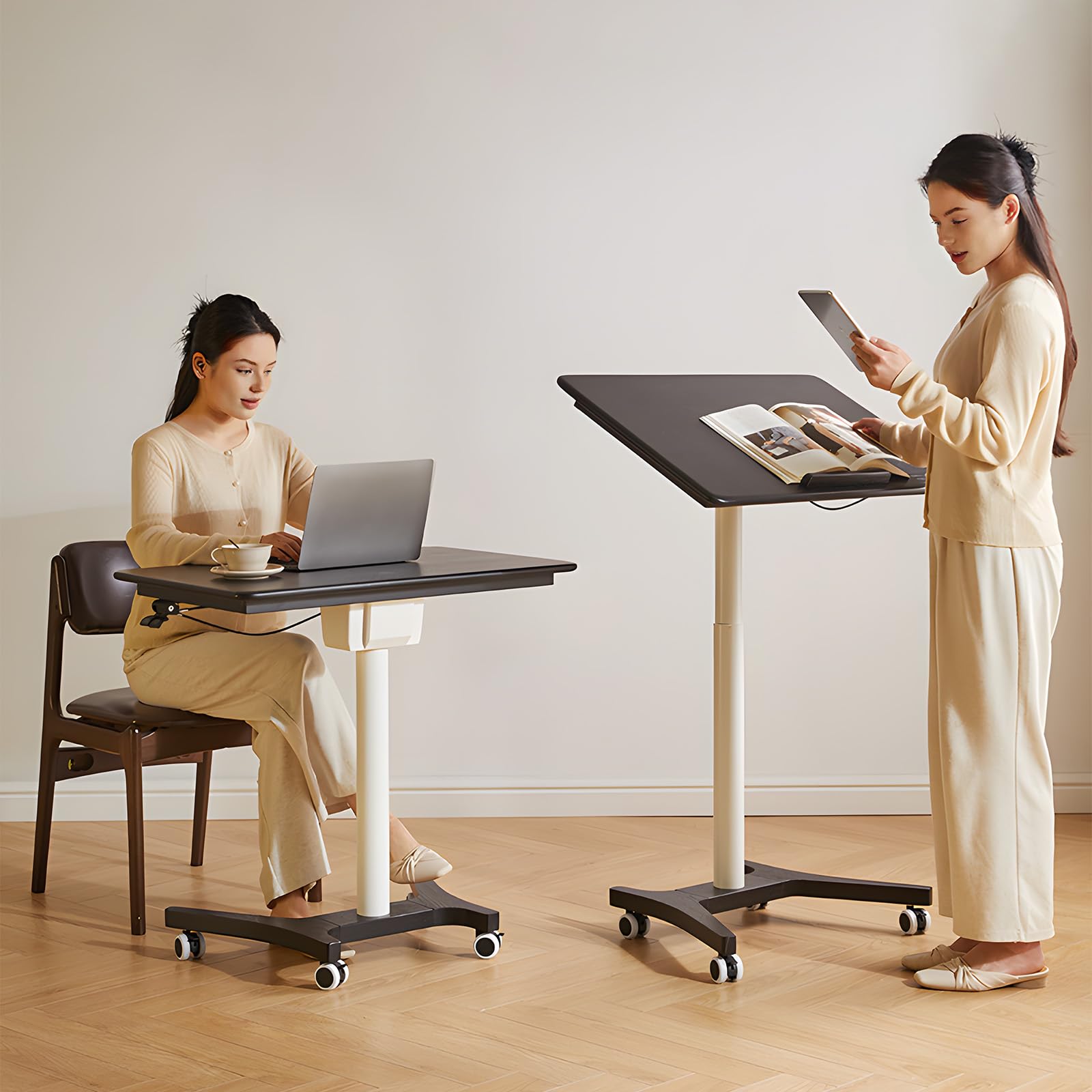 Photo 1 of Cttasty Adjustable Computer Desk, Solid Wood Folding Desk with Wheels, Mobile Home Office Laptop Table, Sit Stand Workstation, Rolling Desk, 28.35-42.52 H x 31.5 W x 19.69 D Inches, Black