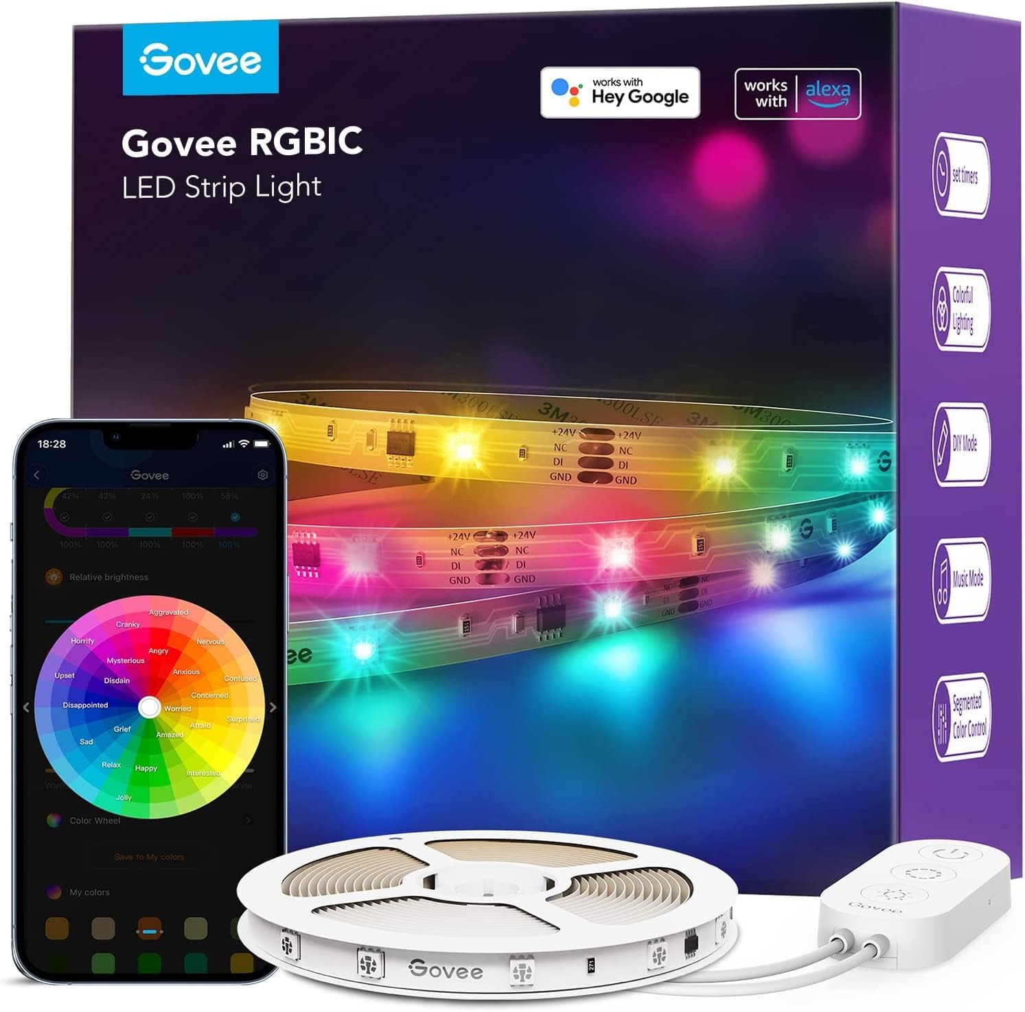 Govee Taśma LED Smart RGBIC, 10 m, łańcuch świetlny LED, współpracuje z Alexa i Google Assistant, sterowanie segmentami DIY, sterowanie za pomocą aplikacji, synchronizacja muzyki, dekoracja na