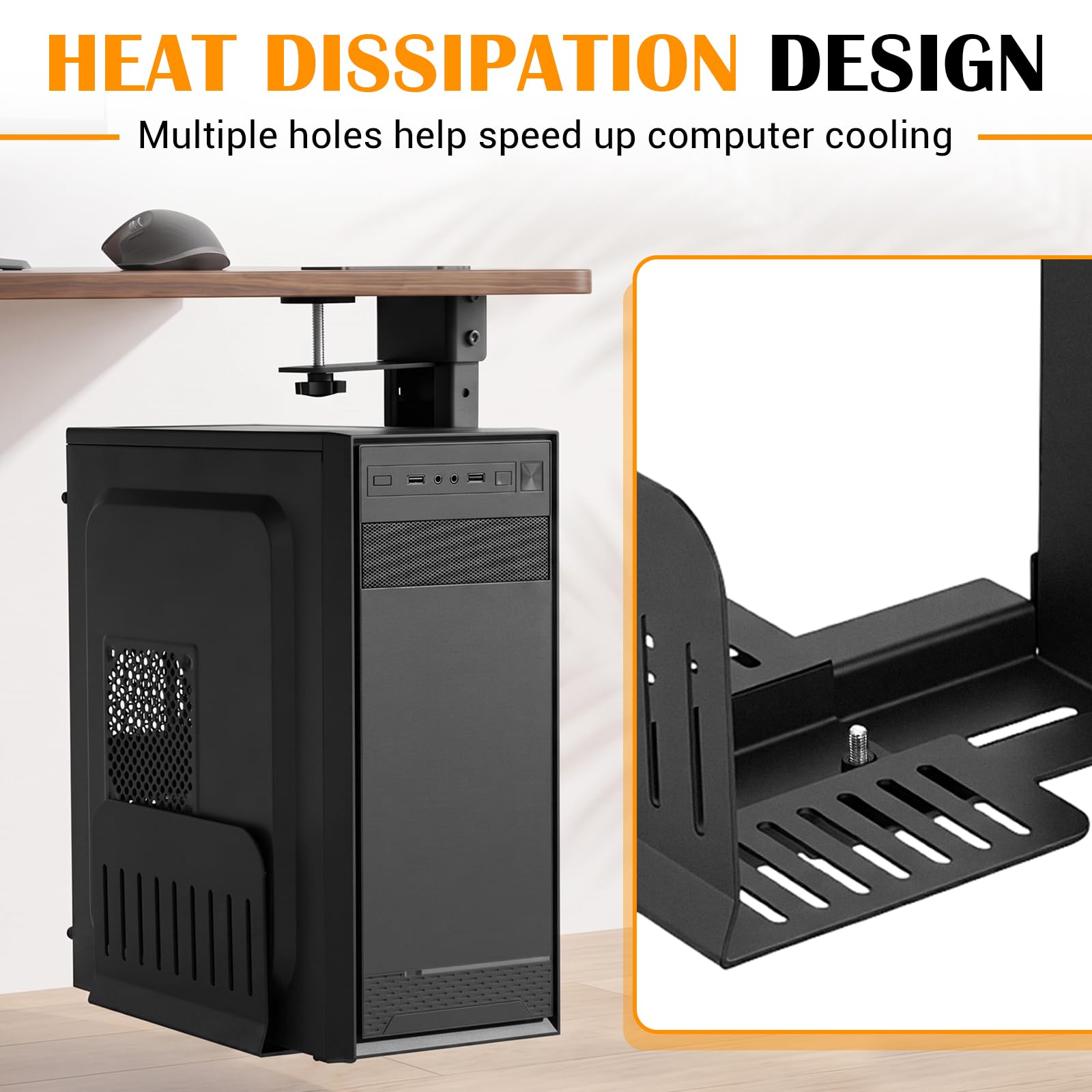 Hicarer PC-Halterung, kompatibel mit Desktop-Tower-Halterung, verstellbar, schwarz, Stahlhalterung für Zuhause, Büro, ohne Bohren, 34 bis 54 cm, Höhe 15 bis 25 cm, Breite 15 cm