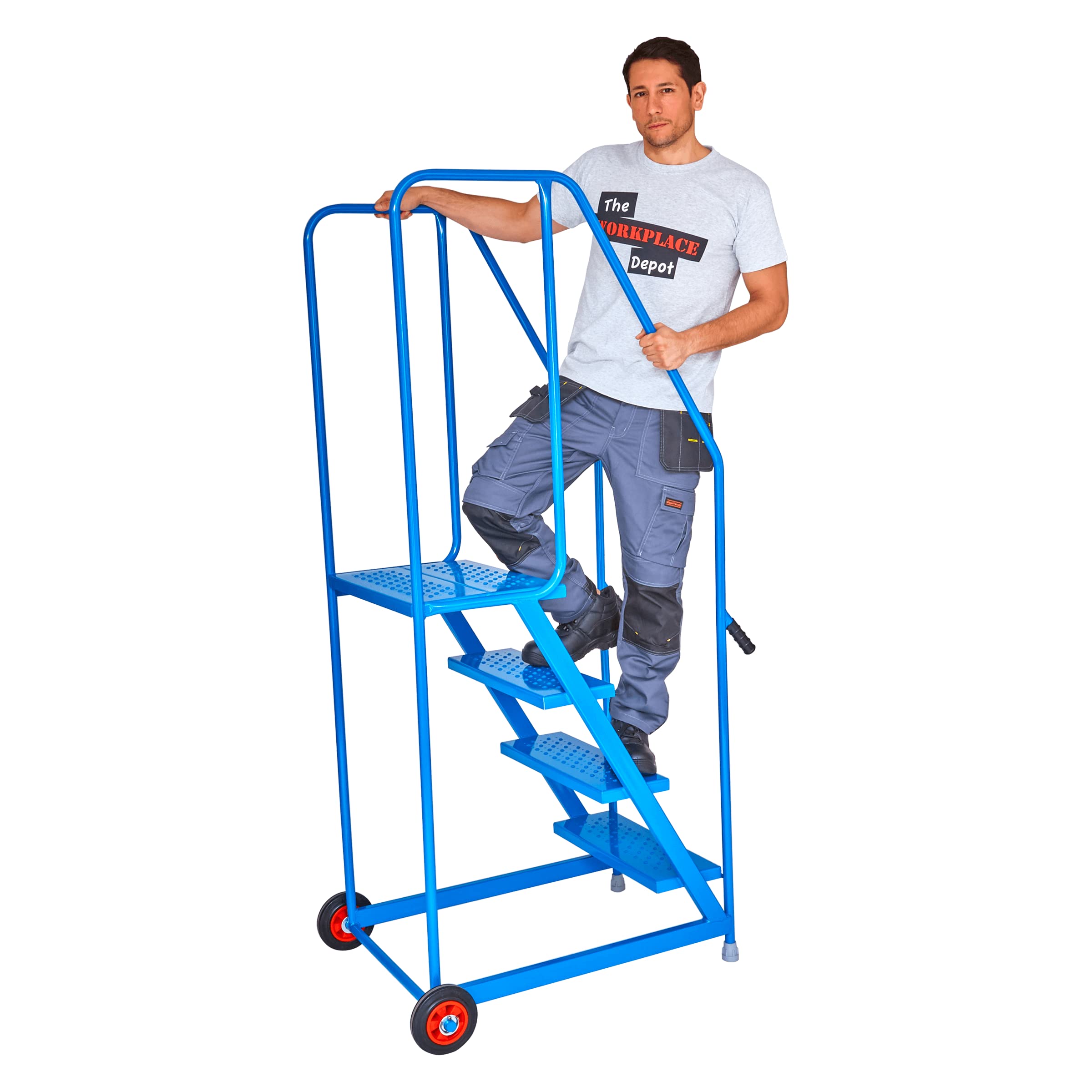 The Workplace Depot Mobile Warehouse Steps on Wheels, Safety Access Ladder With Platform and Handrail (4 Tread)