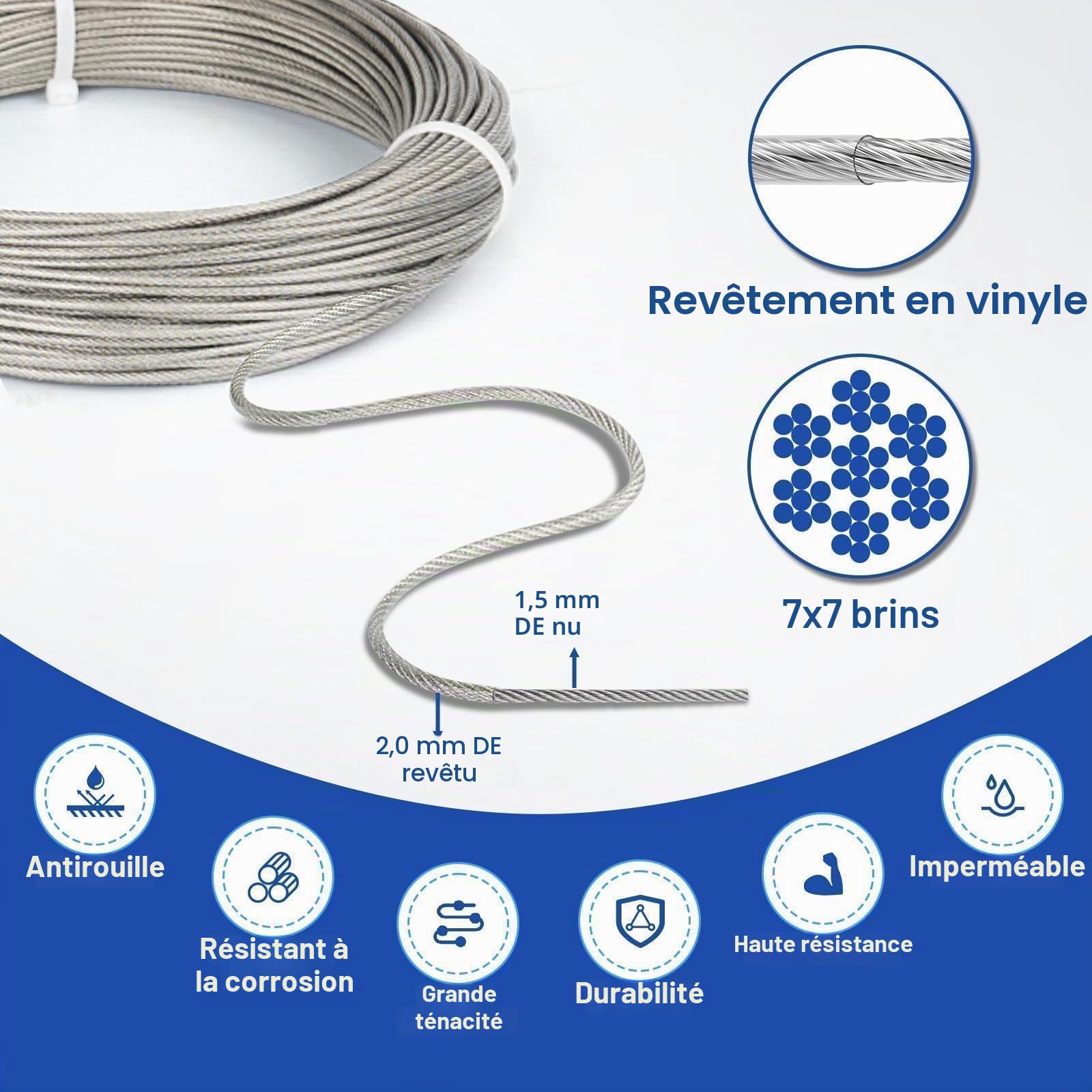 TooTaci Cable Acier 2mm/30M Corde en Acier Inoxydable à Suspendre Kit, 2mm Cable inox Gainé avec M5 Tendeurs Cable, œillets Crochets & Serre Cable, Kit de 2mm Câble Métallique pour Plante Grimpante