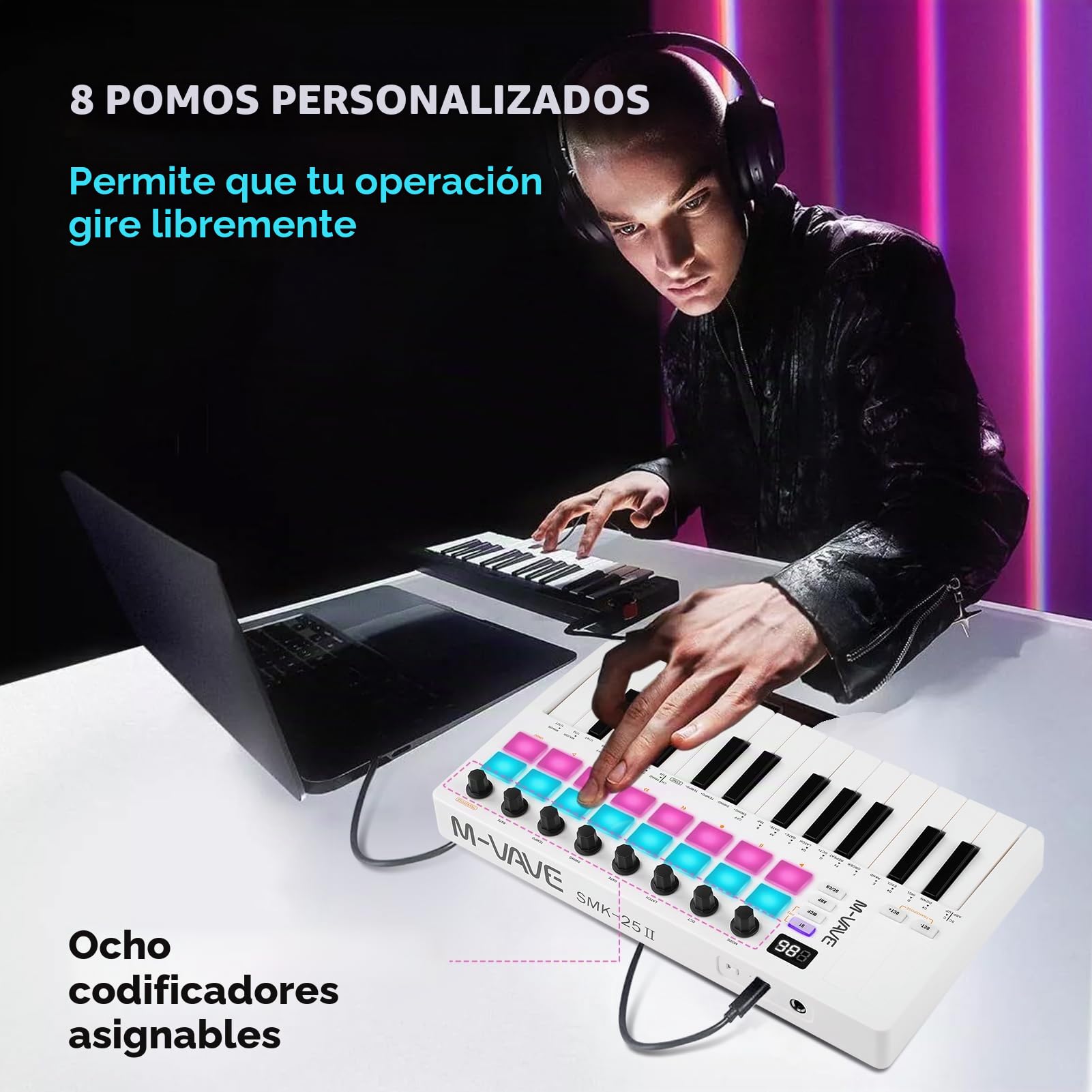 Nikou M-VAVE Upgrade USB Mini Teclado Controlador 25 Teclas, Batería Recargable, Arranger Keyboard Portátil, Almohadillas RGB, Batería Integrada (Blanco)