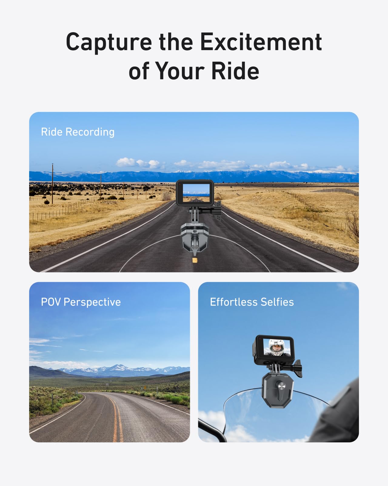 TELESIN Supporto in alluminio per parabrezza moto con morsetto clip, compatibile con Hero 13 12 11 10 9 Insta360 X5 X4 X3 Ace Pro DJI Osmo 360 Osmo Action 6 5 Pro 4 3 2 Accessori per moto e action cam