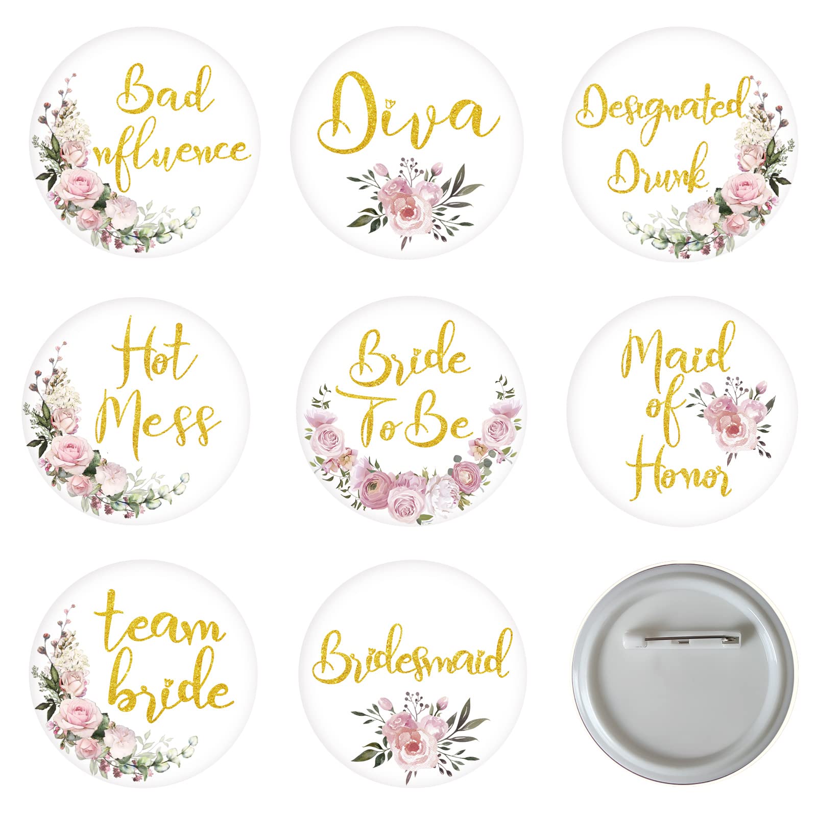 16 Pcs Wedding Party Button Pins, Bridal Shower Party Buttons, Team Bride/Bridesmaid/Maid of Honor/Diva Tinplate Badge Pins, Stain Brooch Button for Bachelorette Party & Bridal Shower Decorations