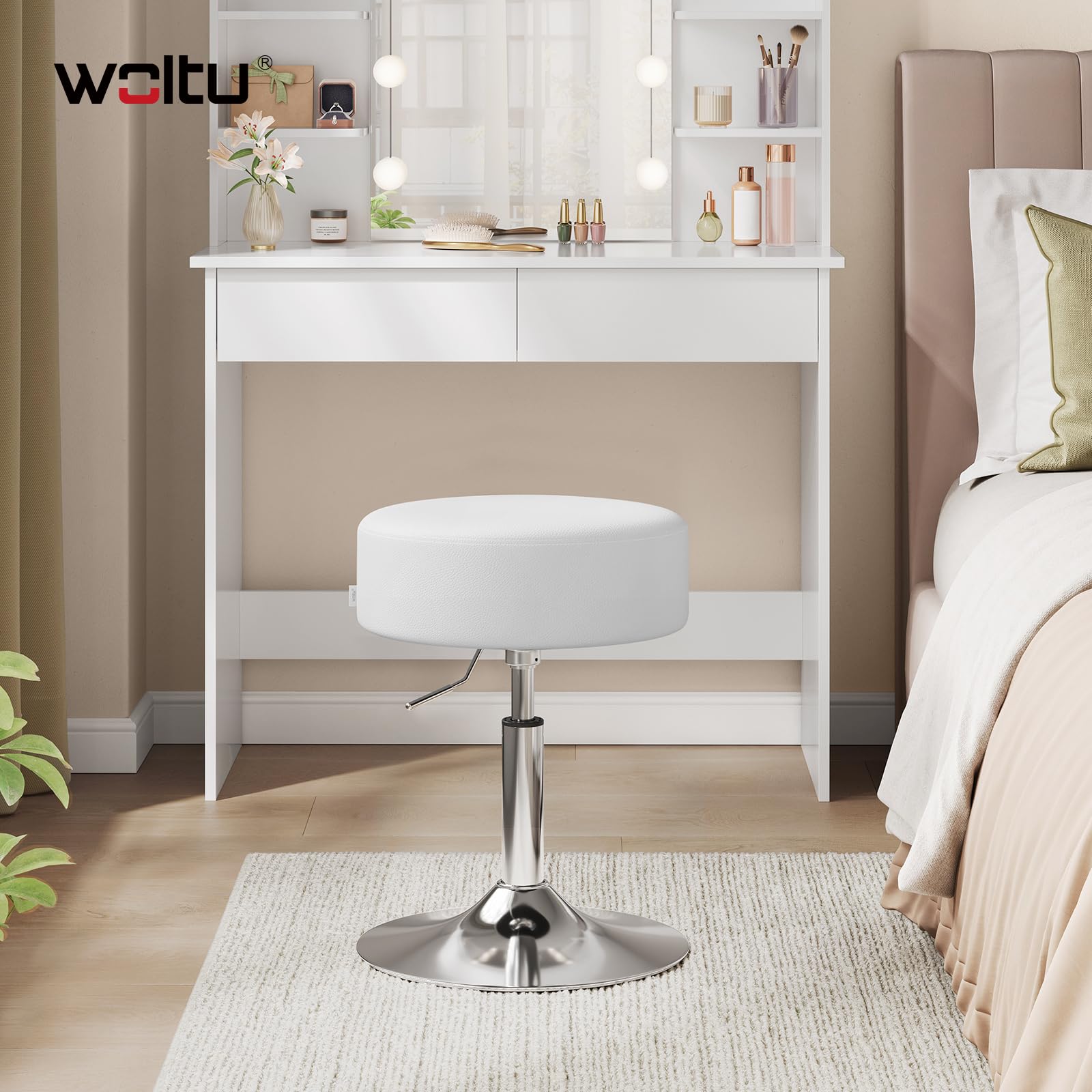 WOLTU taboret do opatrunku, taboret z regulacją wysokości z tapicerką, okrągły stołek barowy obracany o 360°, wykonany z metalu ze sztucznej skóry, do sypialni, gabinetu, garderoby, kuchni, biały