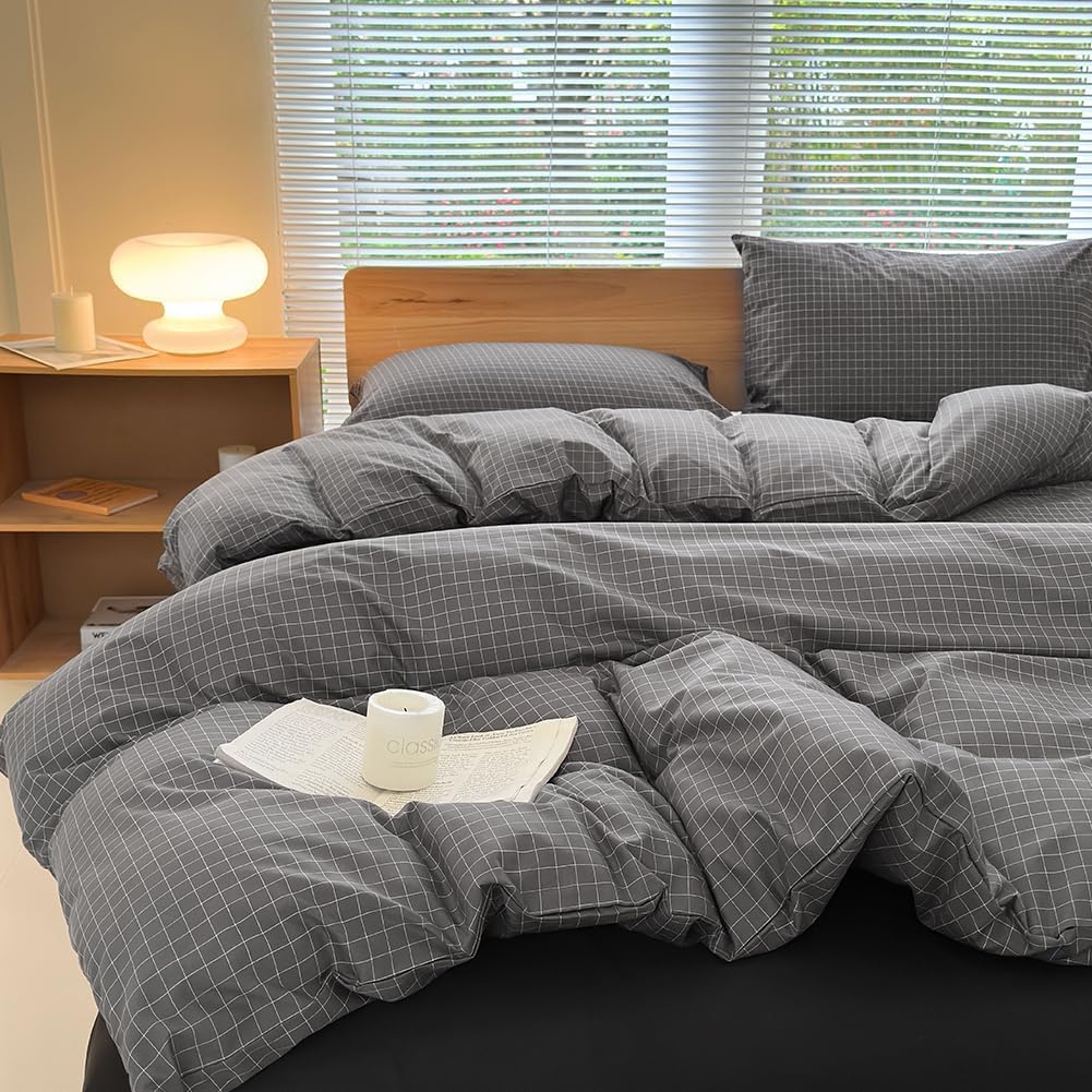 NSNLGSGC Double Duvet Cover Set, Plaid Duvet Cover Double Bed and 2 Pillowcases Bedding Set Easy Care 200 x 200 cm Dark Grey Grid - Image 4