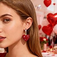 Vista 2 de Aretes de corazón rojo, regalos para el día de San Valentín para ella, aretes de corazón de amor con diamantes de imitación, aretes colgantes de San