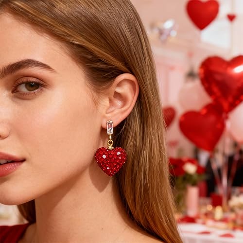 Miniatura 2 de Aretes de corazón rojo, regalos para el día de San Valentín para ella, aretes de corazón de amor con diamantes de imitación, aretes colgantes de San