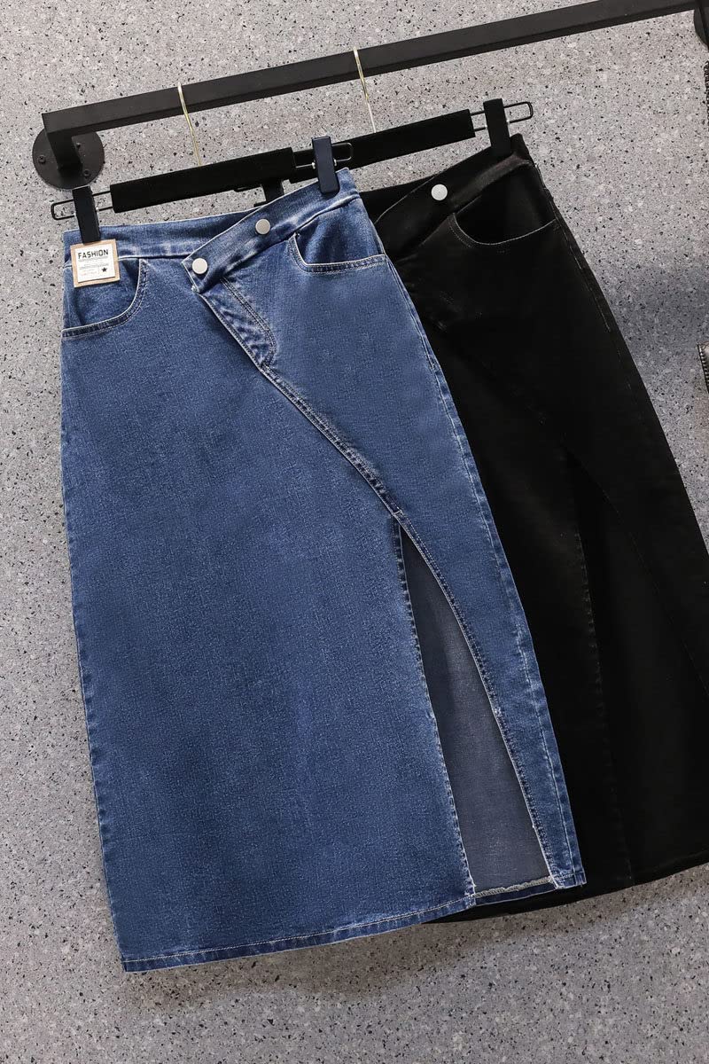 PYTRXGBO Gonna in denim retrò a vita alta da donna estiva di grandi dimensioni fessure sottili A-Line One-Step Mid-Length Denim Gonna, Nero , XXL