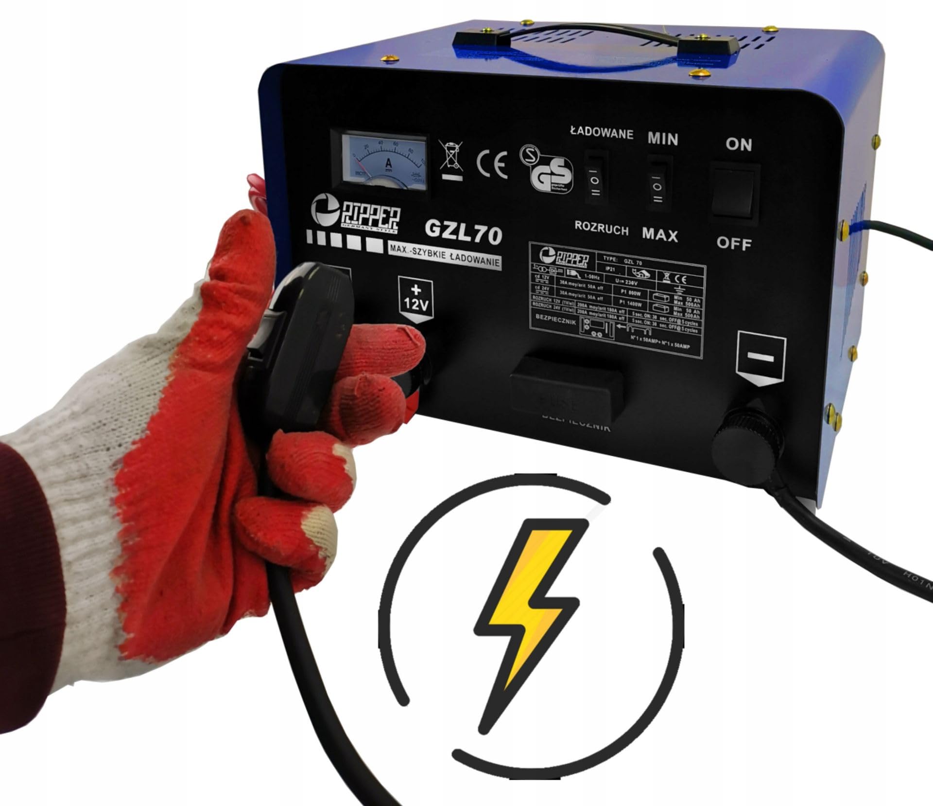 Cargador de coche con carga rápida | 500 Ah | 12-24 V | Corriente pico 60 A | Portátil | Azul