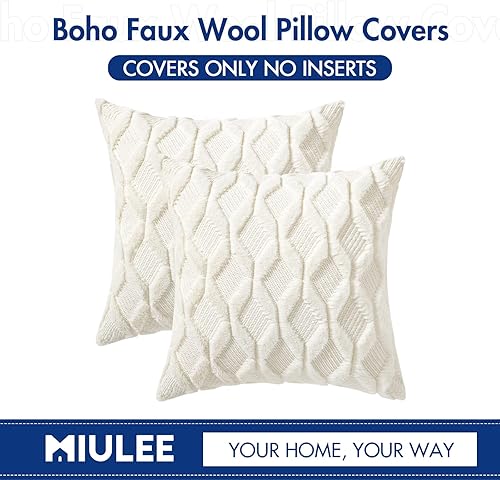 Miniatura 6 de MIULEE Juego de 2 fundas de almohada de color blanco crema de 18 x 18 pulgadas, fundas decorativas para sofá, estilo bohemio, fundas de almohada de