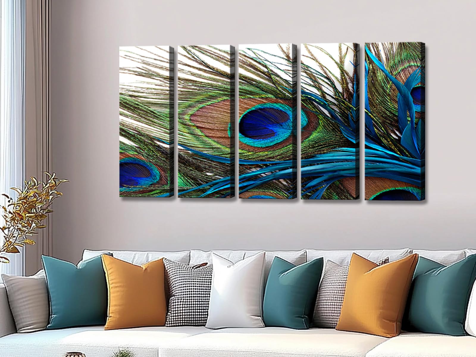 Wall Art for Living Room Bedroom Decoration Peacock Painting Canvas Print Framed Art Animal Feather Plume Modern Art for Office Wall Décor Teal Blue Green 5 Panels Large Size