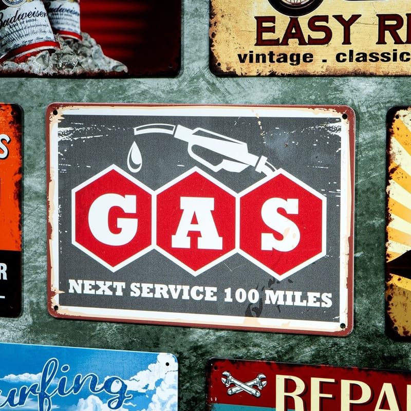 Image of Eazywagon Decorative Retro Metal Signs Wall Plate - 12x8 Inch (GAS Next Service 100 Miles) | Weatherproof Vintage Metal Sign Plate for Cafe, Home, Bar, Garage | Decorative Wall Hanging Sign Board