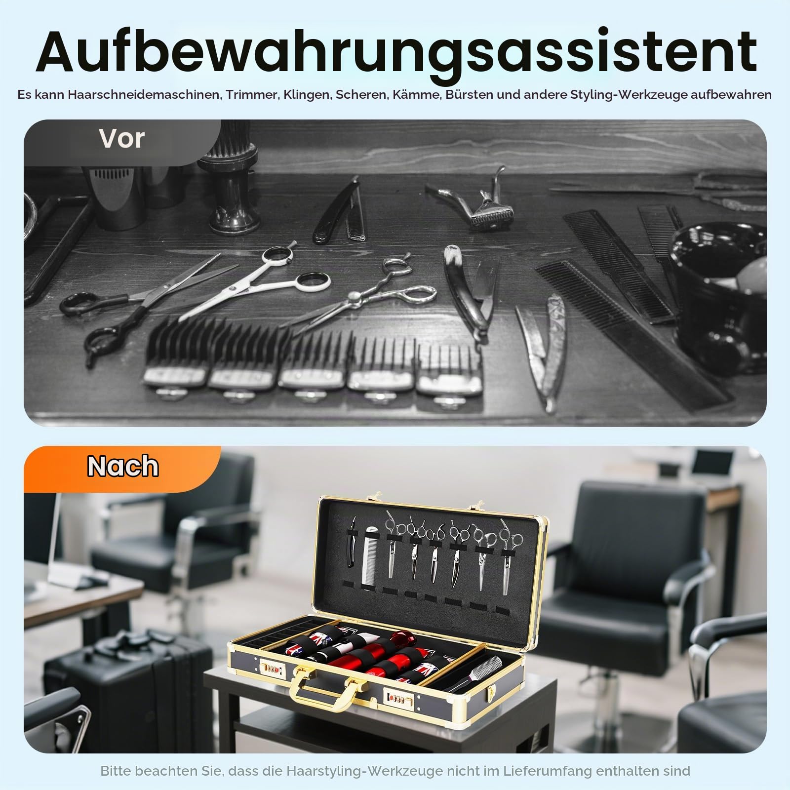 MINRS Tragbarer Barber Case mit Sicheres Passwortschloss, Barber Tragekoffer Barber Salon Stylist Carrying Suitcase Friseur Tool Organizer for Scheren, Trimmer, Kämme, Bürsten 55 x 27 x 10 cm Schwarz