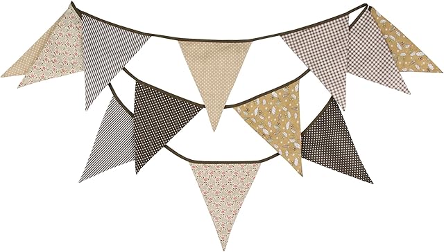 G2PLUS Extra Large Fabric Bunting 12 Feet Banner Garlands with 12PCS Triangle Pennants 17x22CM Double Sided Vintage Cloth Shabby Chic Decoration for Birthday Parties Ceremonies Kitchen Bedrooms-Brown