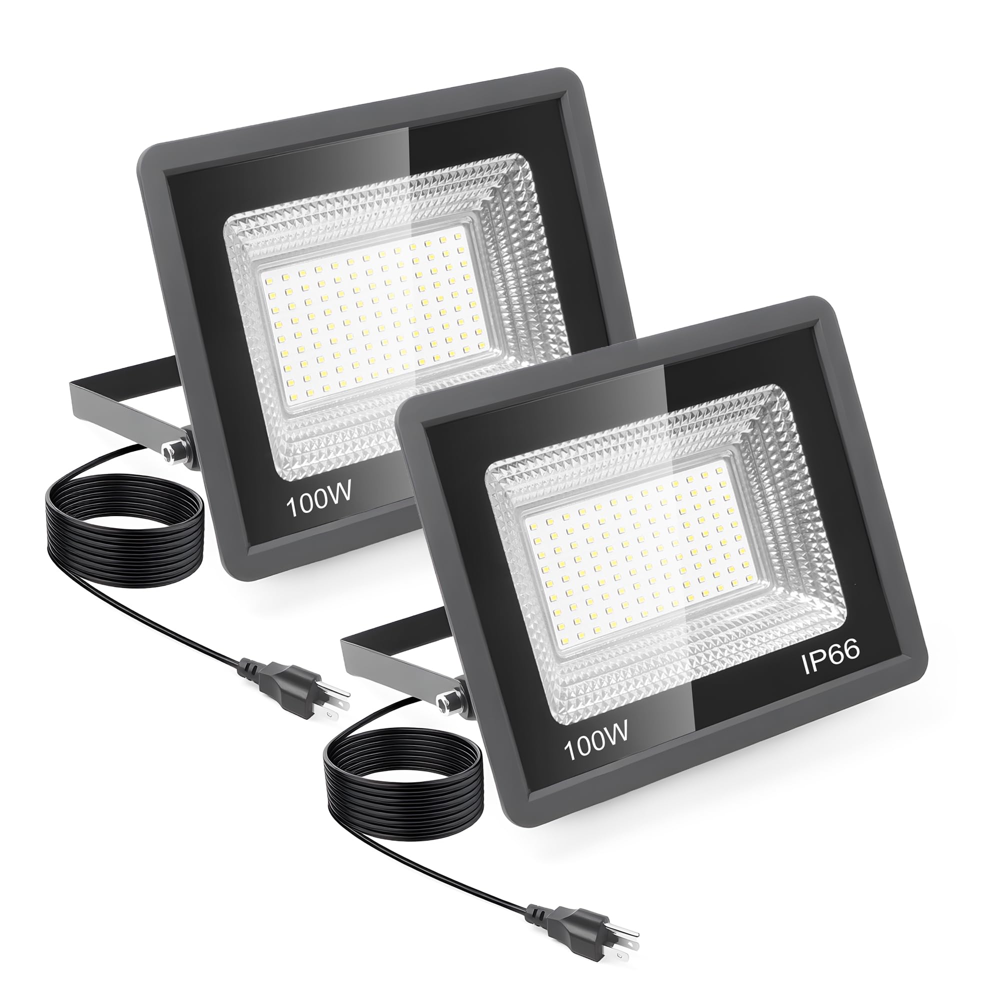 LED Flood Light, 11000LM Super Bright 6500K Daylight Outdoor Security Light with Plug, IP66 Waterproof for Yard, Garden, Court &amp; Arena (100W-2Pack)