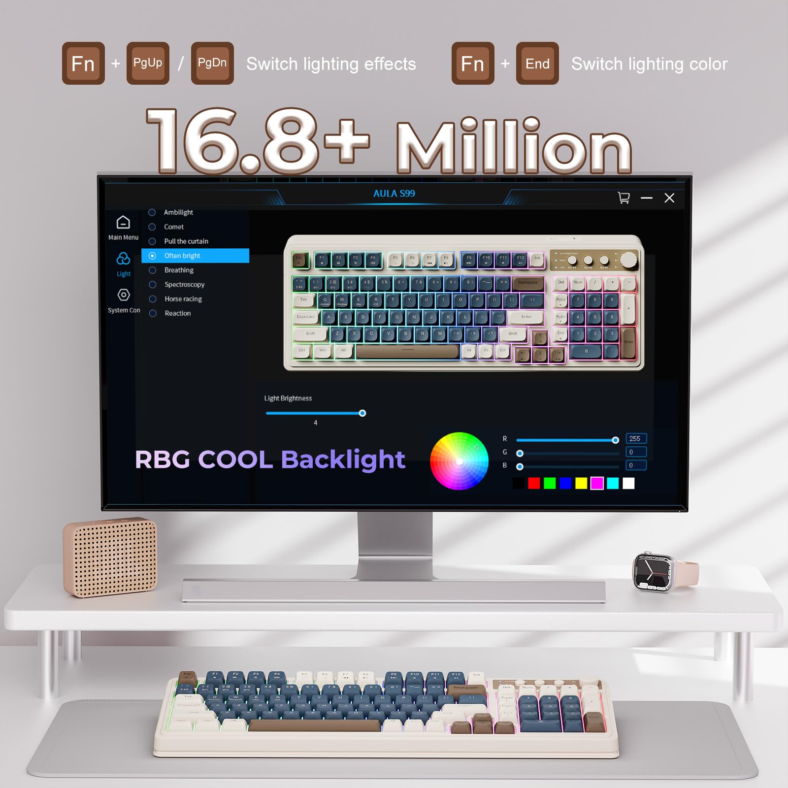 AULA S99 Wireless Keyboard, Tri-Mode Bluetooth/2.4GHz/USB-C Cute Creamy Gaming Keyboard with Number Pad RGB Backlit, Media Knob Custom Computer Keyboards for MAC Xbox PC Gamer -: Blue-Grey