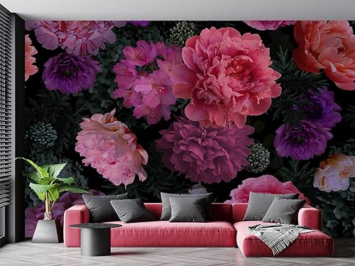 Miniatura 3 de Papel pintado de flores 3D, rosas rojas y moradas sobre fondo floral. Ideal para sofá, dormitorio, oficina, sala de estar, cocina y decoración de