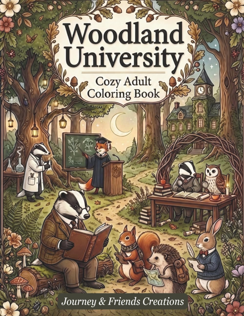 Woodland University Cozy Adult Coloring Book: 40 Intricate Illustrations, Woodland Creature Coloring Book