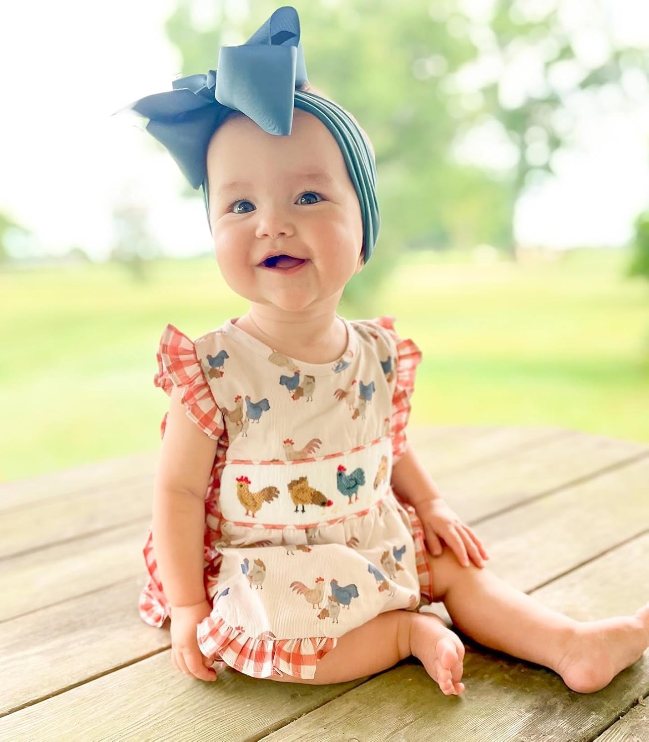 Newborn Baby Girl Romper Farm Chicken Onesie Outfit Ruffle Smocked Plaid Bodysuit Western Country Summer Clothes - Image 2