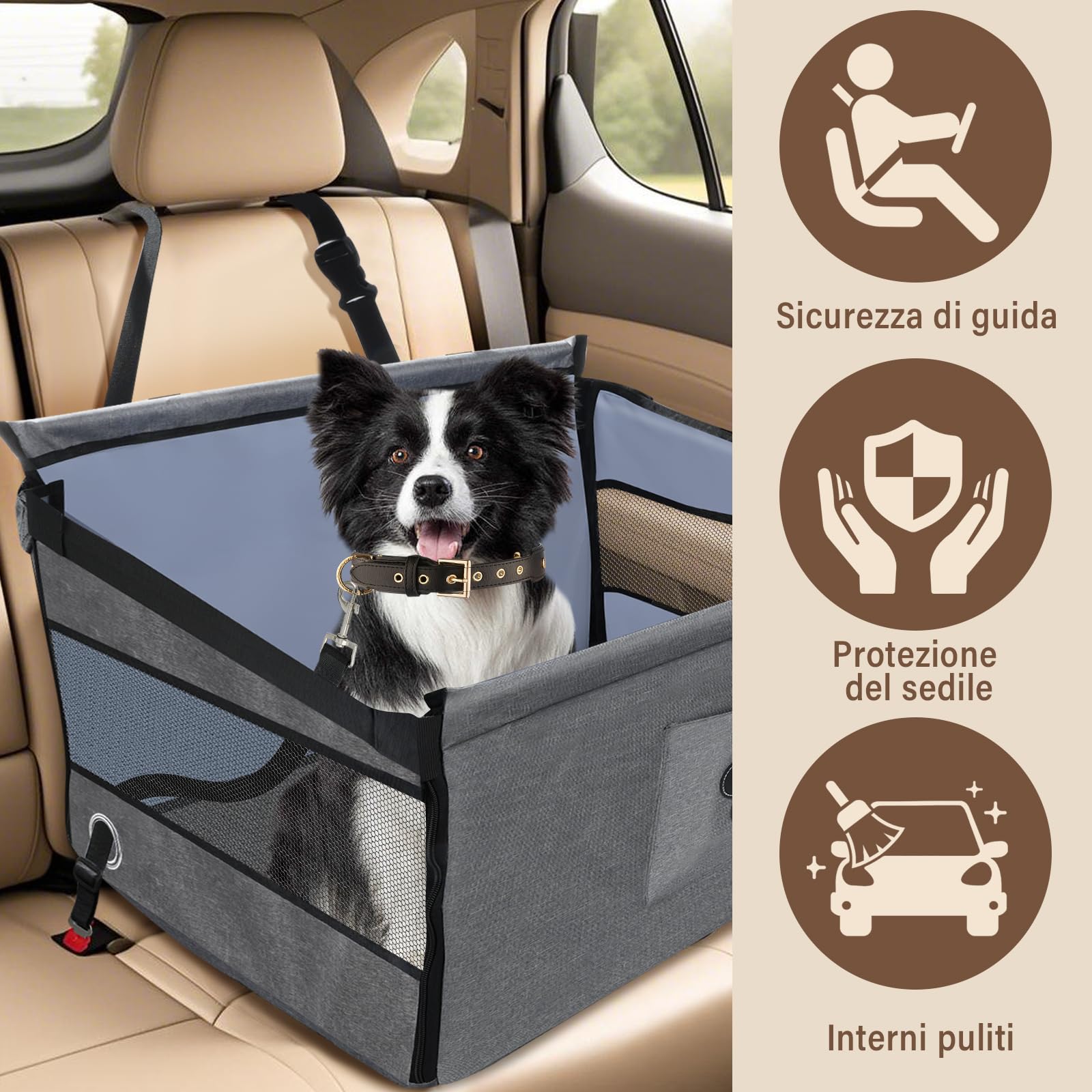 Seggiolino auto sicuro per, comodo cestino per auto per cani, protezione per auto per cani con finestra ventilata, cinghia regolabile, compatibile con tutti i veicoli (49x49x38 cm)