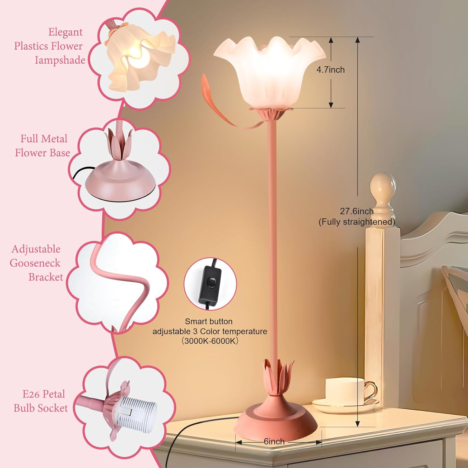 Cute Flower Table Lamp, Bedside Vintage Flower Lamp with LED Bulb, 3 Colors Temperature Flower Lamp for Bedroom Living Room Bedside Desk Reading Lighting Table Lamps Home Decoration (Pink)