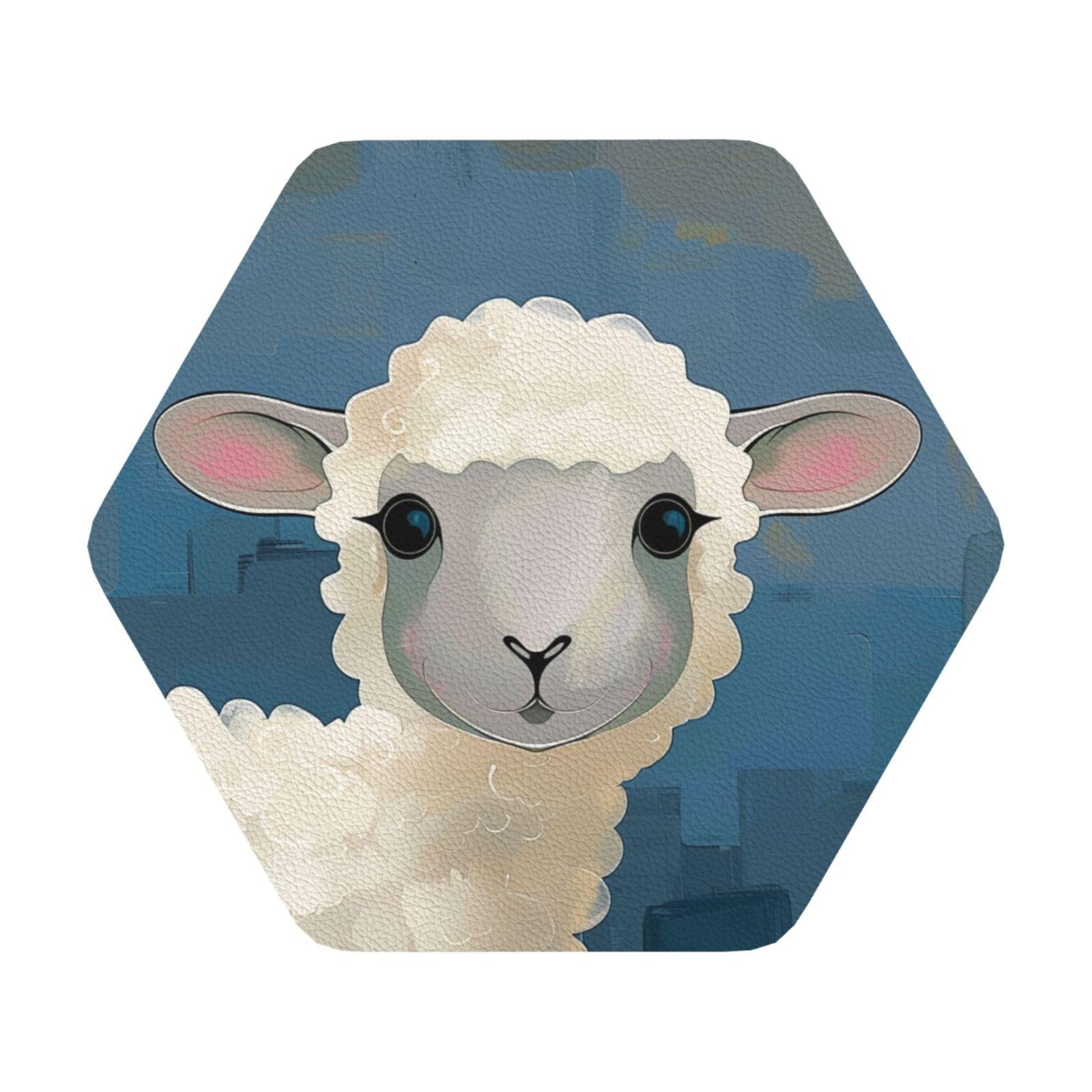Sheep art Print Leather Coaster Set of 6, Hexagon Coasters Table Decorative Coffee Cup Beverage Coasters Wine Beer Bar Coasters for Hot Drinks Table Protection