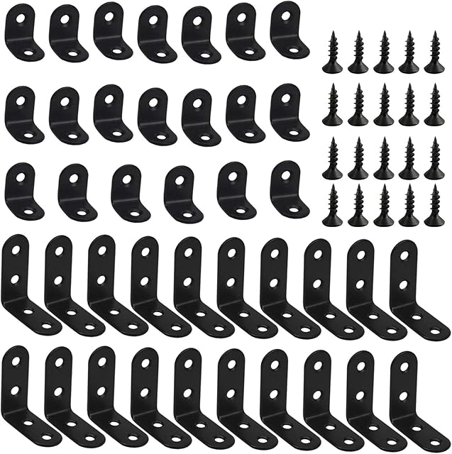 40pcs Angle Brackets, L Shape Brackets for Wood, Metal Corner Bracket Small Shelf Brackets, Stainless Steel Right Angle Bracket 20mm x 20mm, 40mm x 40mm with Screws for Bracing Repairing (Black)